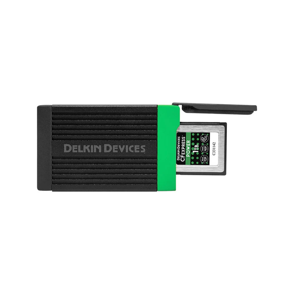 Delkin Devices card reader with a green stripe on a white background
