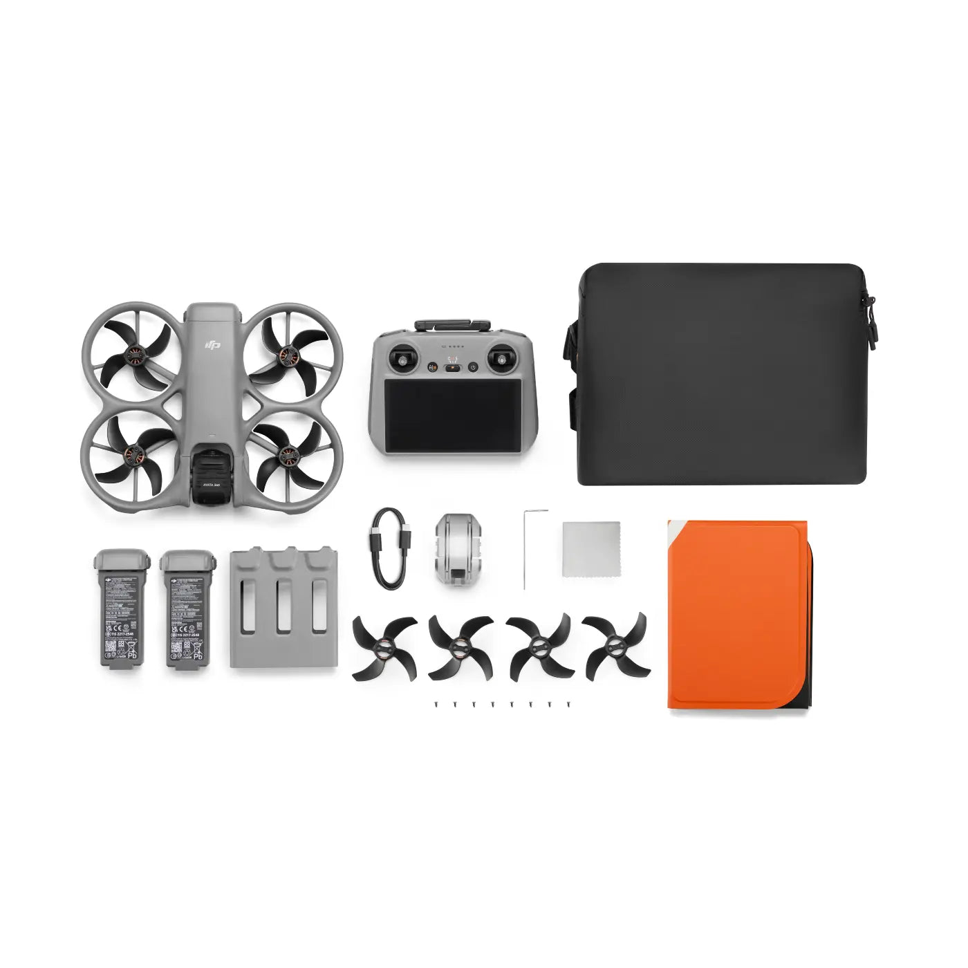 Collection of drone parts and accessories on a white background
