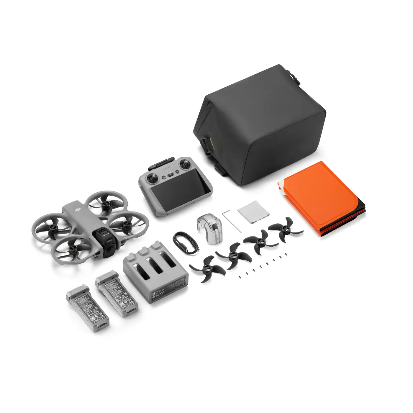 Collection of drone parts and accessories on a white background