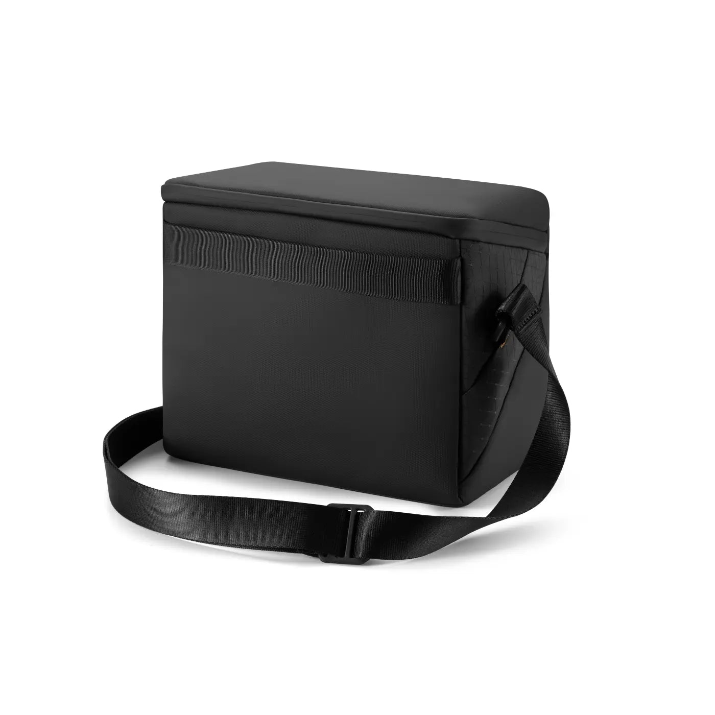 Black shoulder bag with a strap on a white background