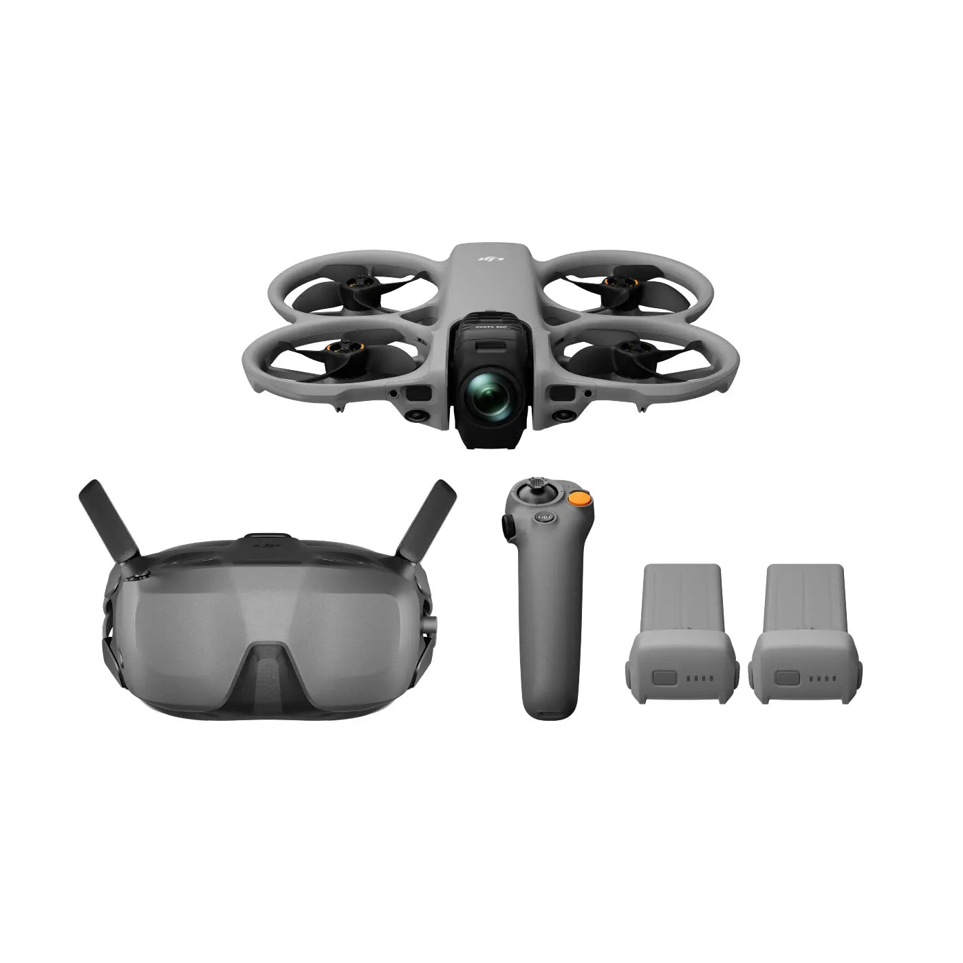 Drone with goggles, remote control, and batteries on a white background