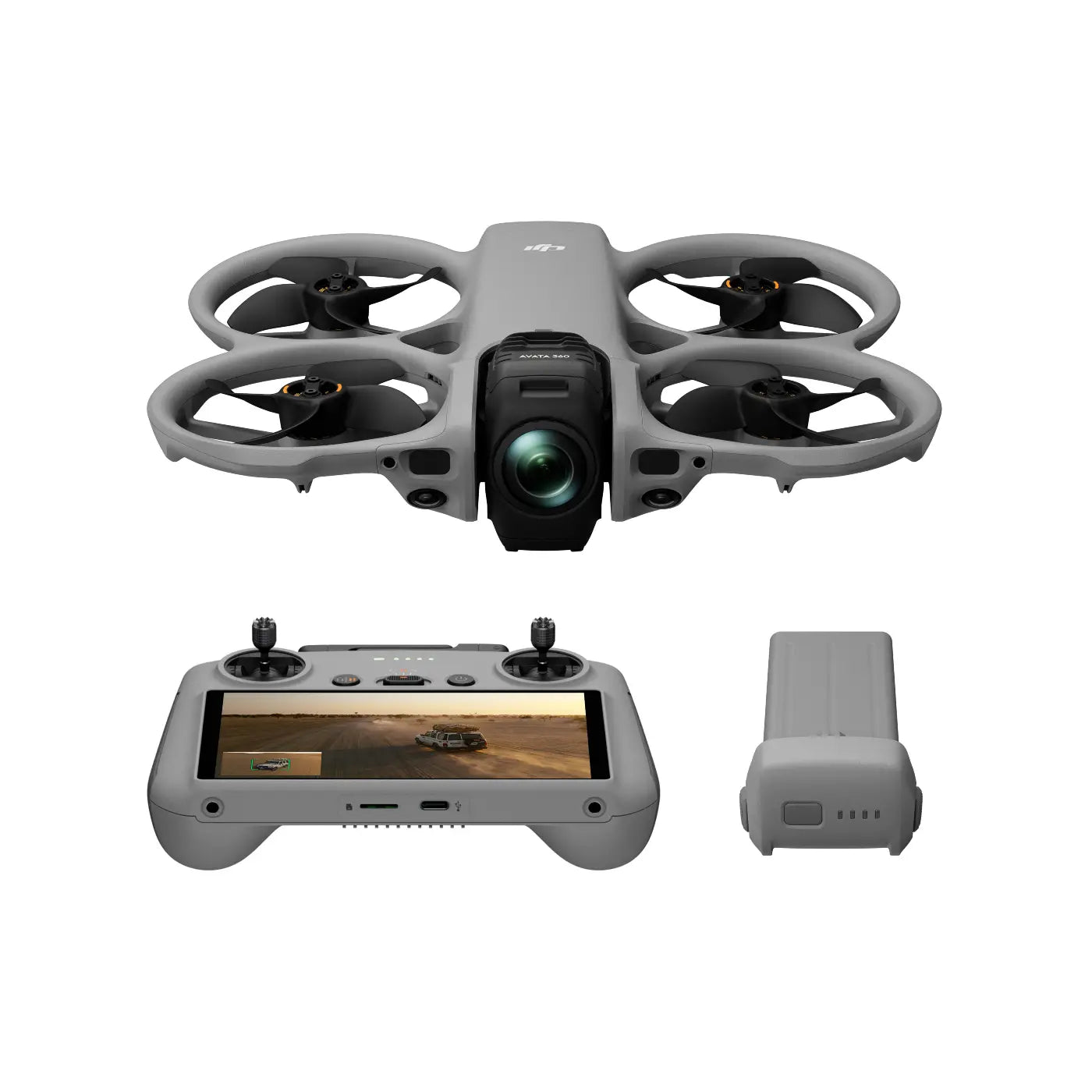 Drone with camera, controller, and battery pack on a white background