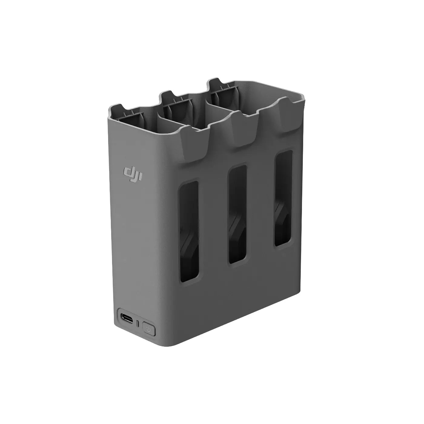 Gray battery holder with multiple slots on a white background