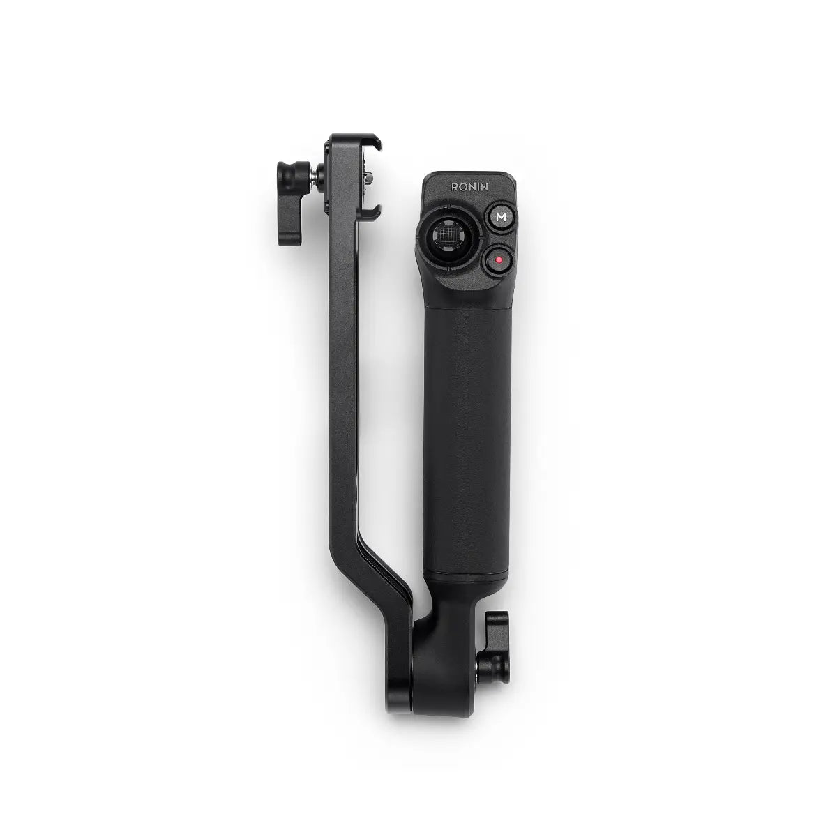 Black handheld camera stabilizer on a white background