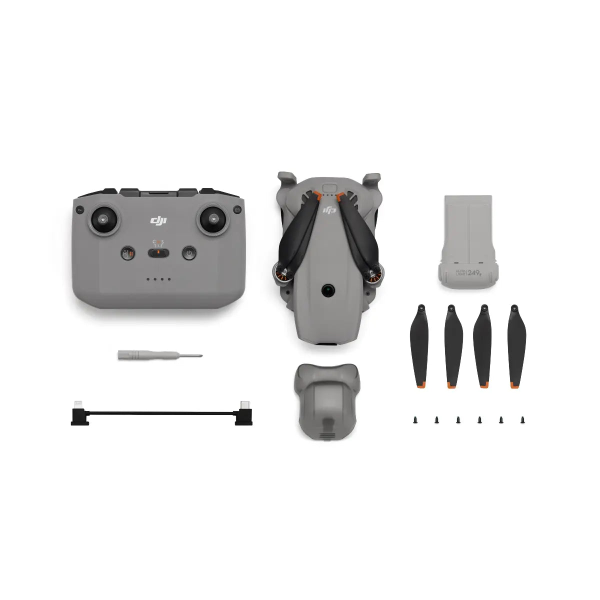 DJI drone and accessories on a white background