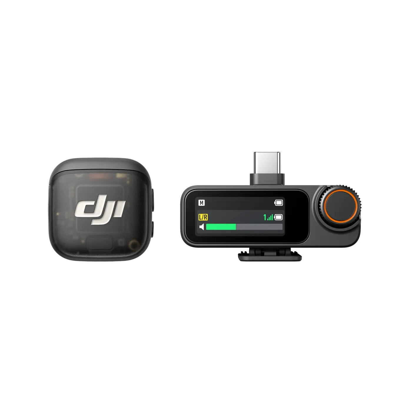 DJI Mic 3 (1 TX + 1 RX) front with smartphone adaptor attached