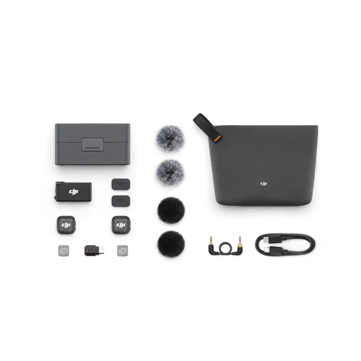 DJI Mic 3 (2 TX + 1 RX + Charging Case) contents