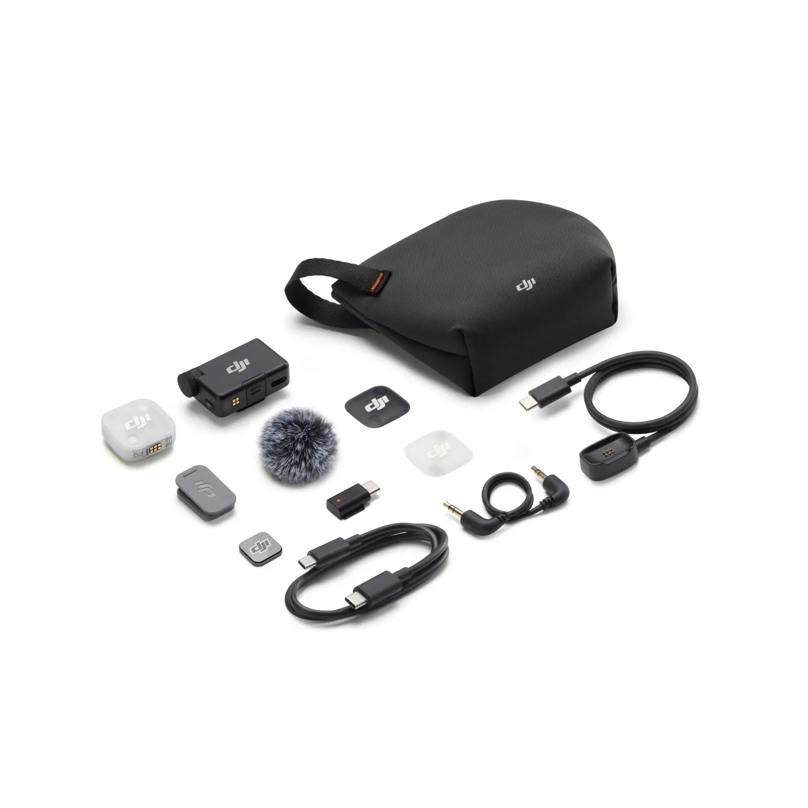 Collection of DJI accessories including a black carrying case on a white background