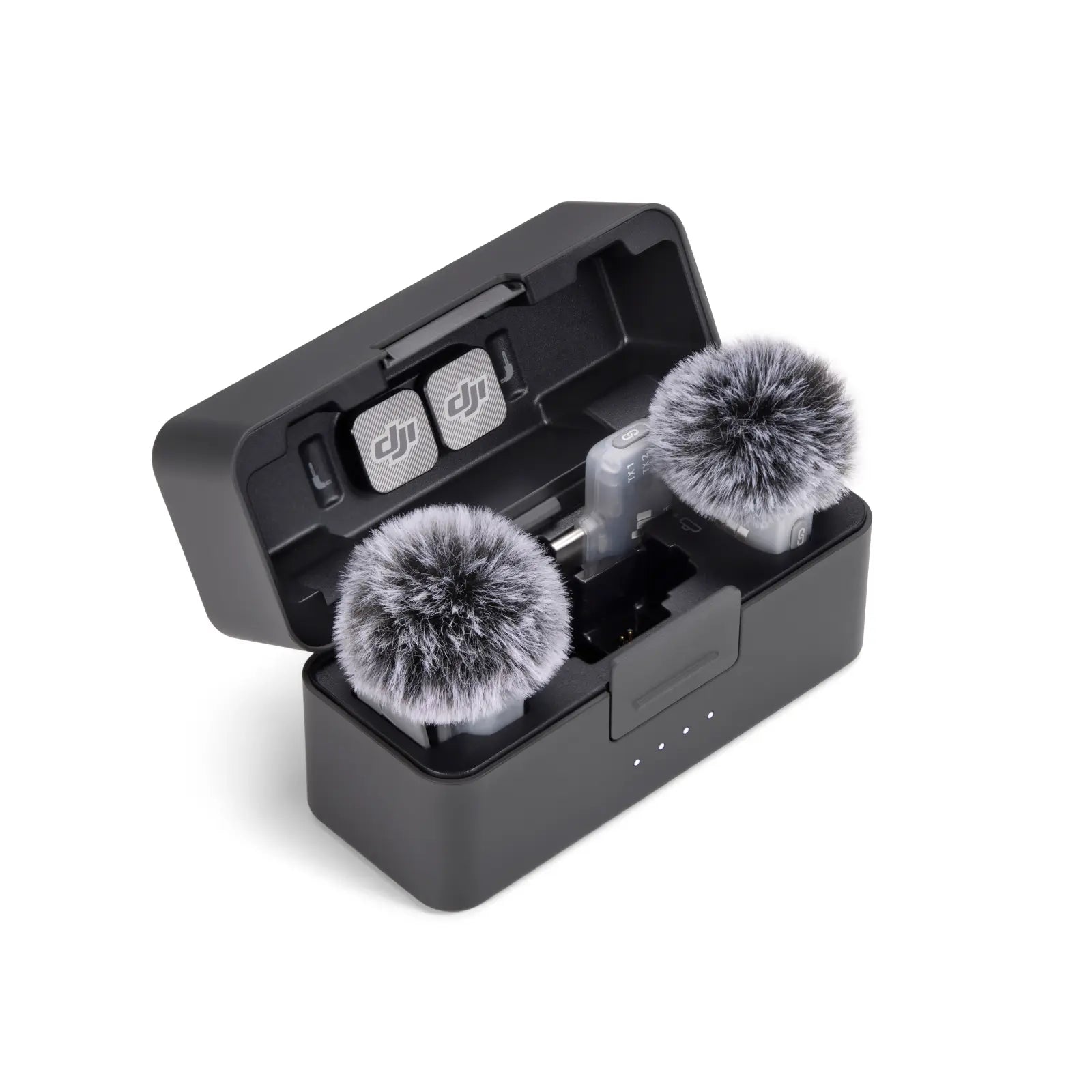 Black carrying case with two gray fuzzy items inside on a white background