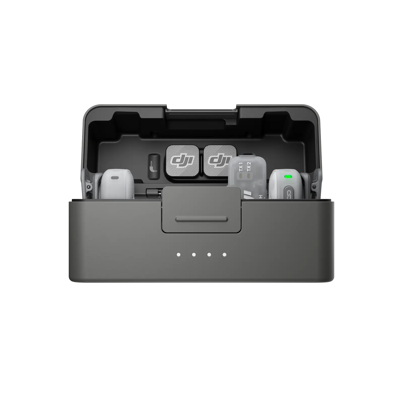 Black battery charging station with DJI logo on a white background