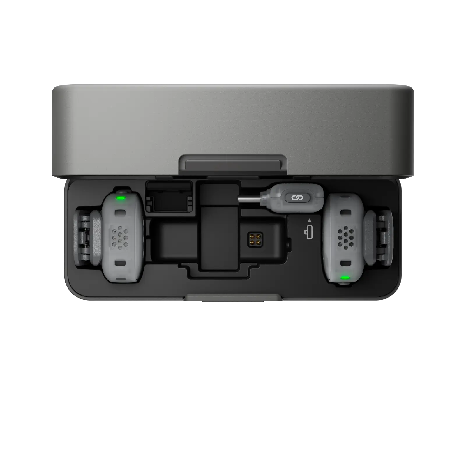 Black electronic device with multiple components on a white background