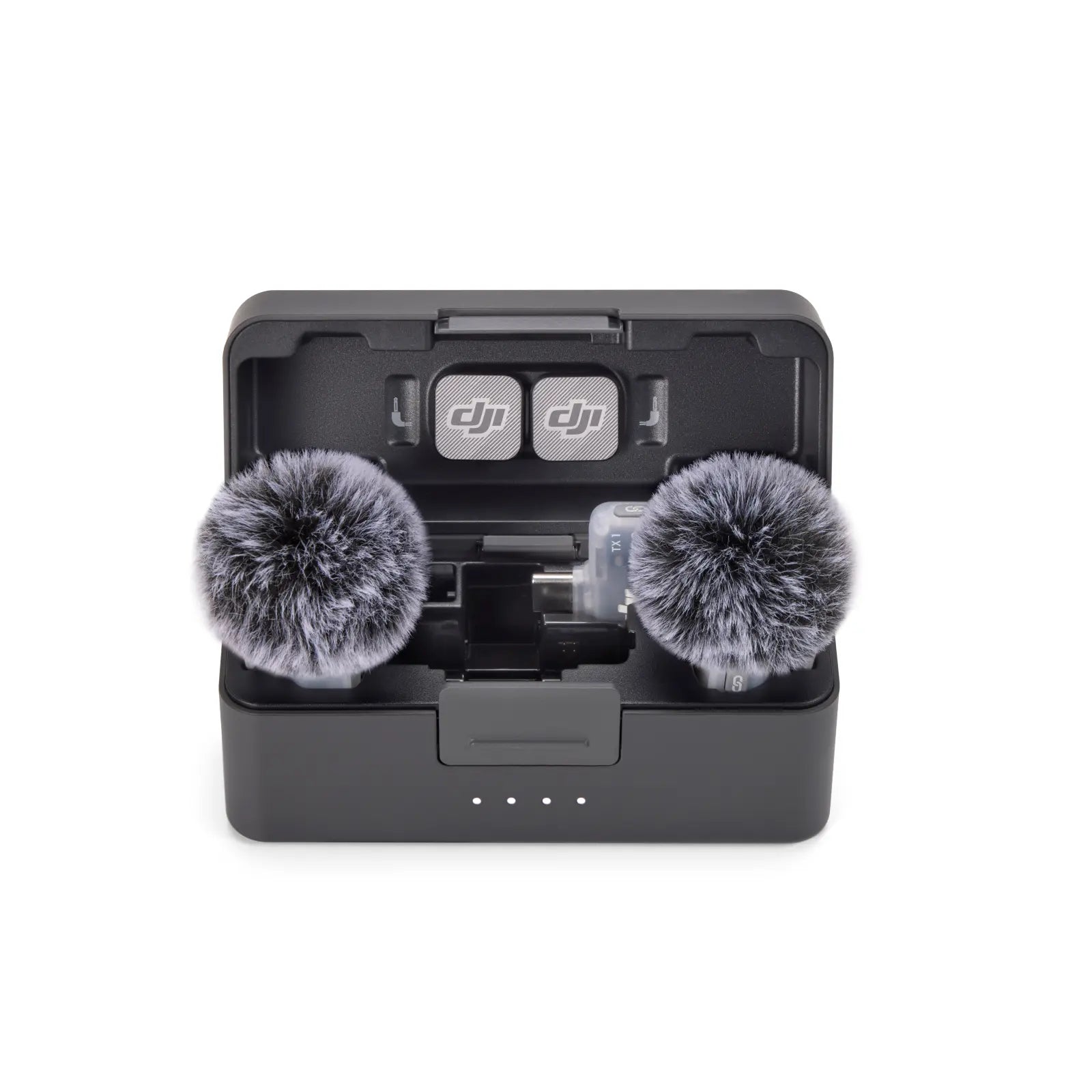DJI microphone system with two gray foam covers on a white background