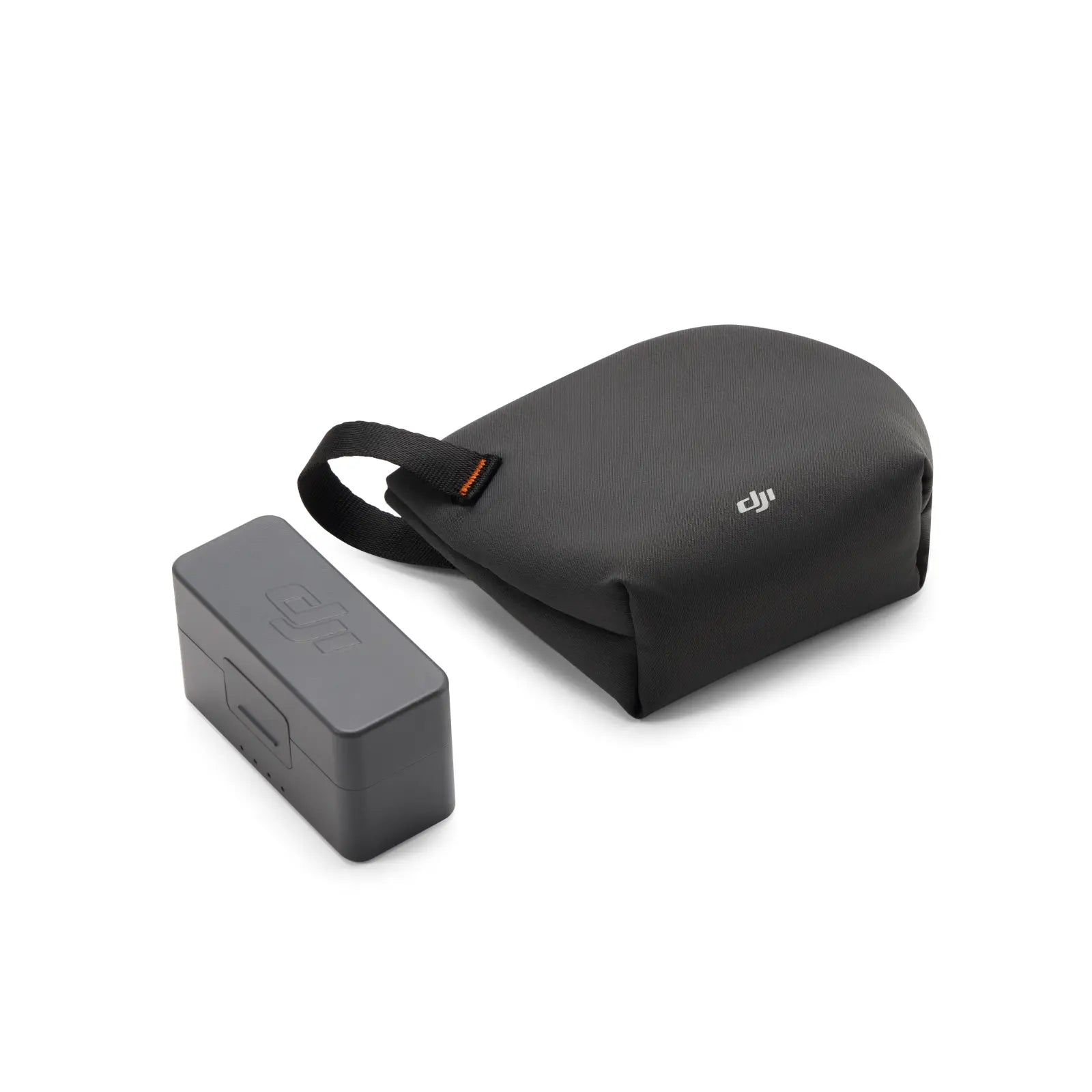 Black carrying case and battery with DJI logo on a white background