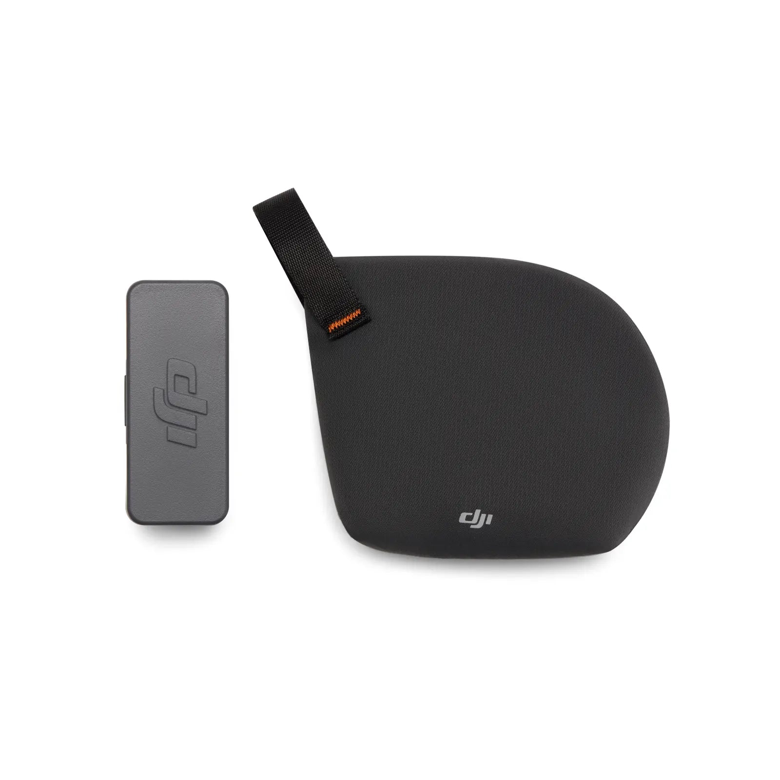 Black carrying case with strap and small black device on a white background, featuring DJI logo.