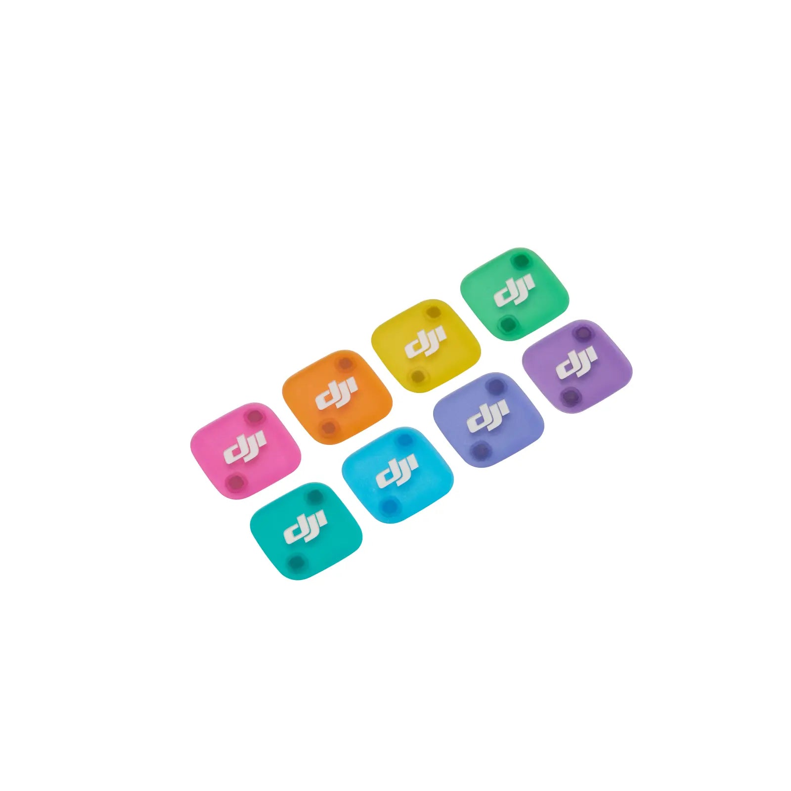 Set of colorful square stickers with 'dj' logo on a white background