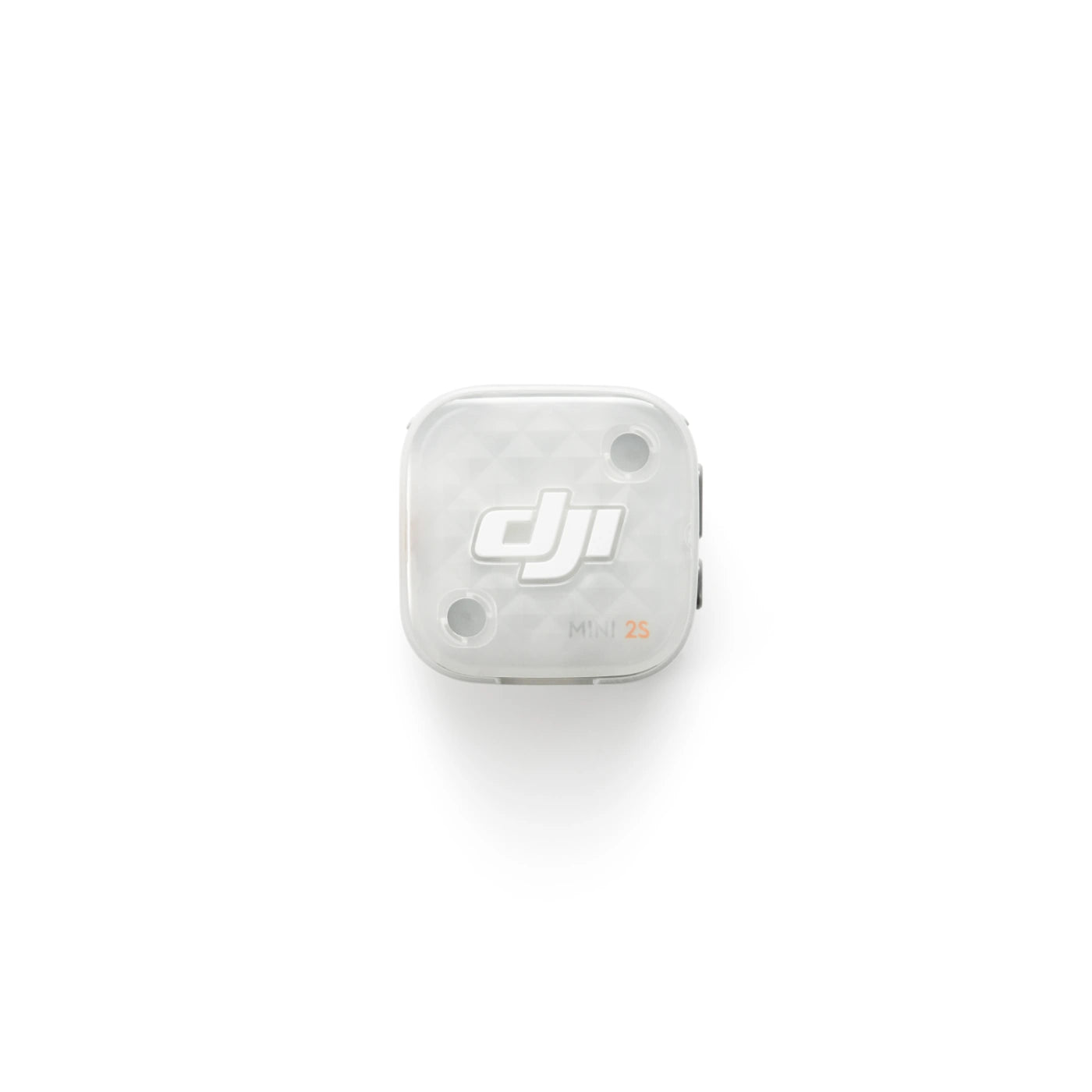 A white DJI Mini 2S wireless transmitter device with the DJI logo on the front, shown from a top-down view on a white background.
