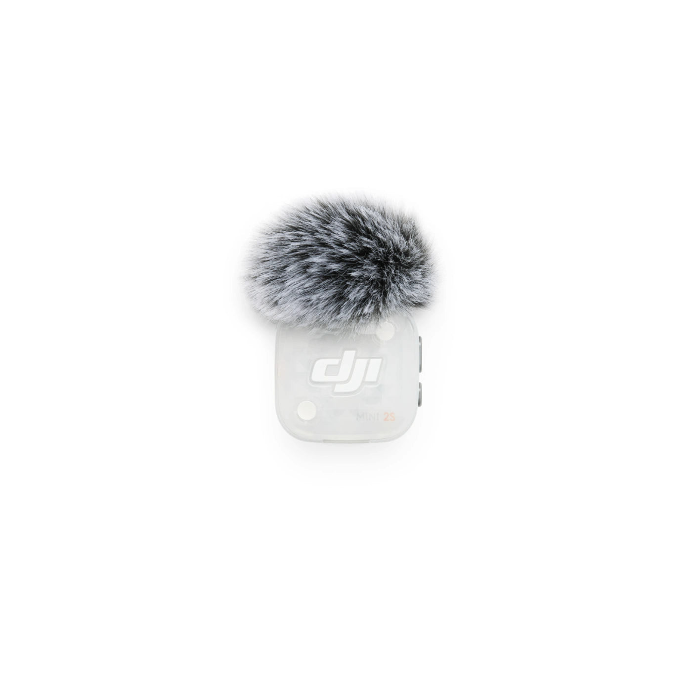 A DJI-branded microphone transmitter with a fluffy gray and black faux fur windscreen attached, shown against a solid white background.