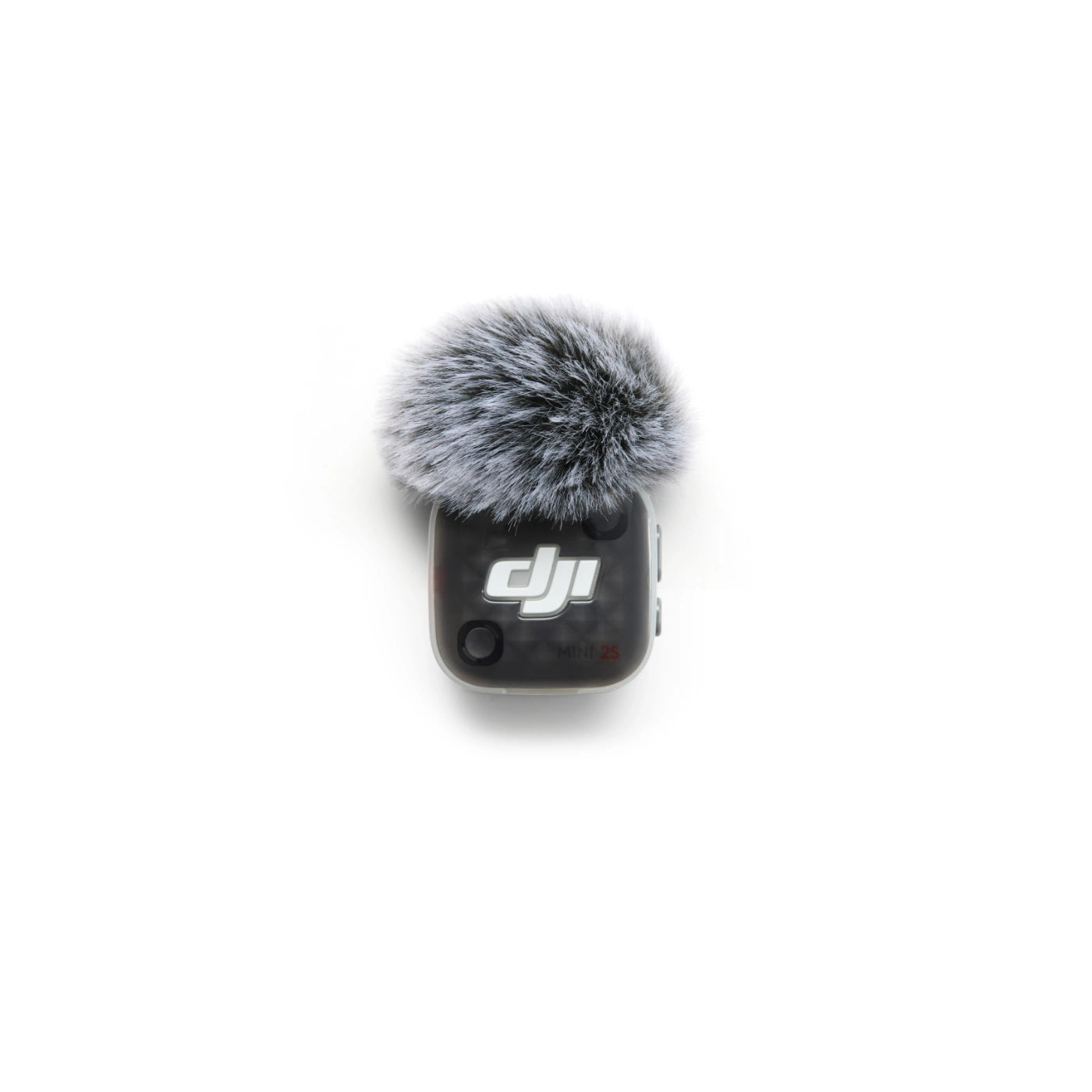 A DJI-branded black wireless microphone receiver with a gray faux-fur windscreen, centered on a plain white background.