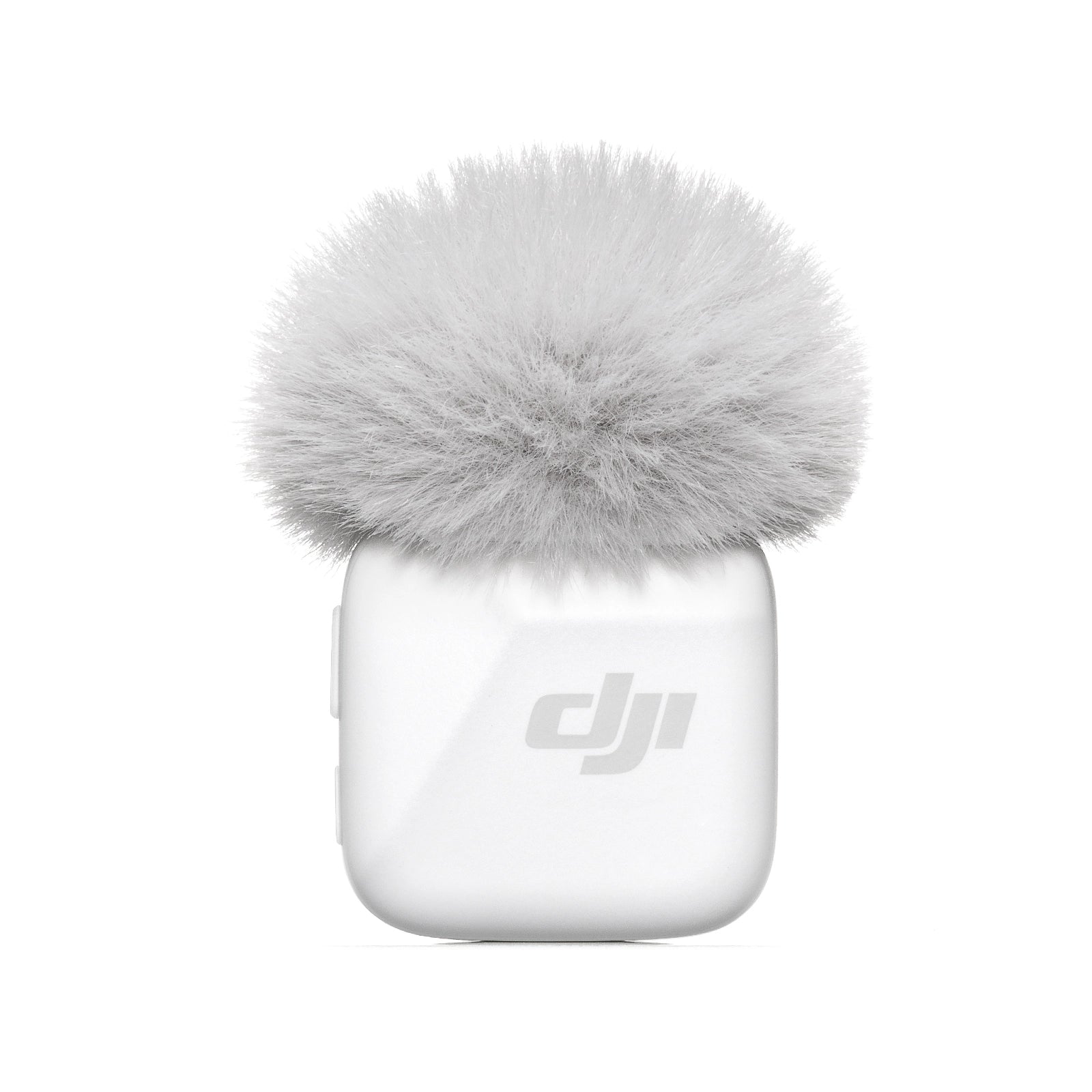 DJI Mic Mini Transmitter (White) front angle with noise reduction shield