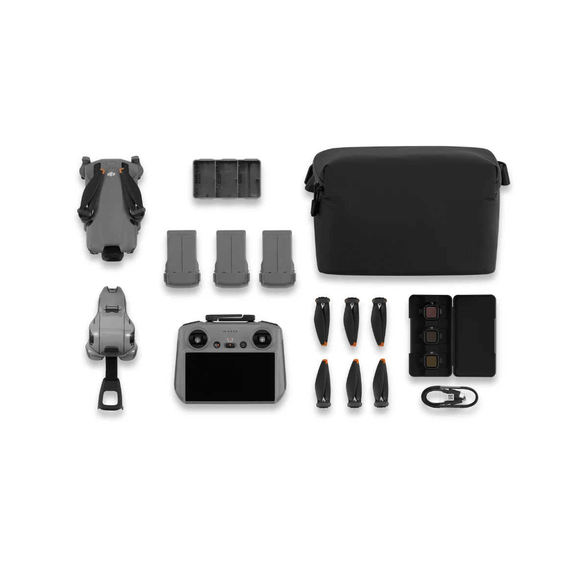 Collection of drone parts and accessories on a white background