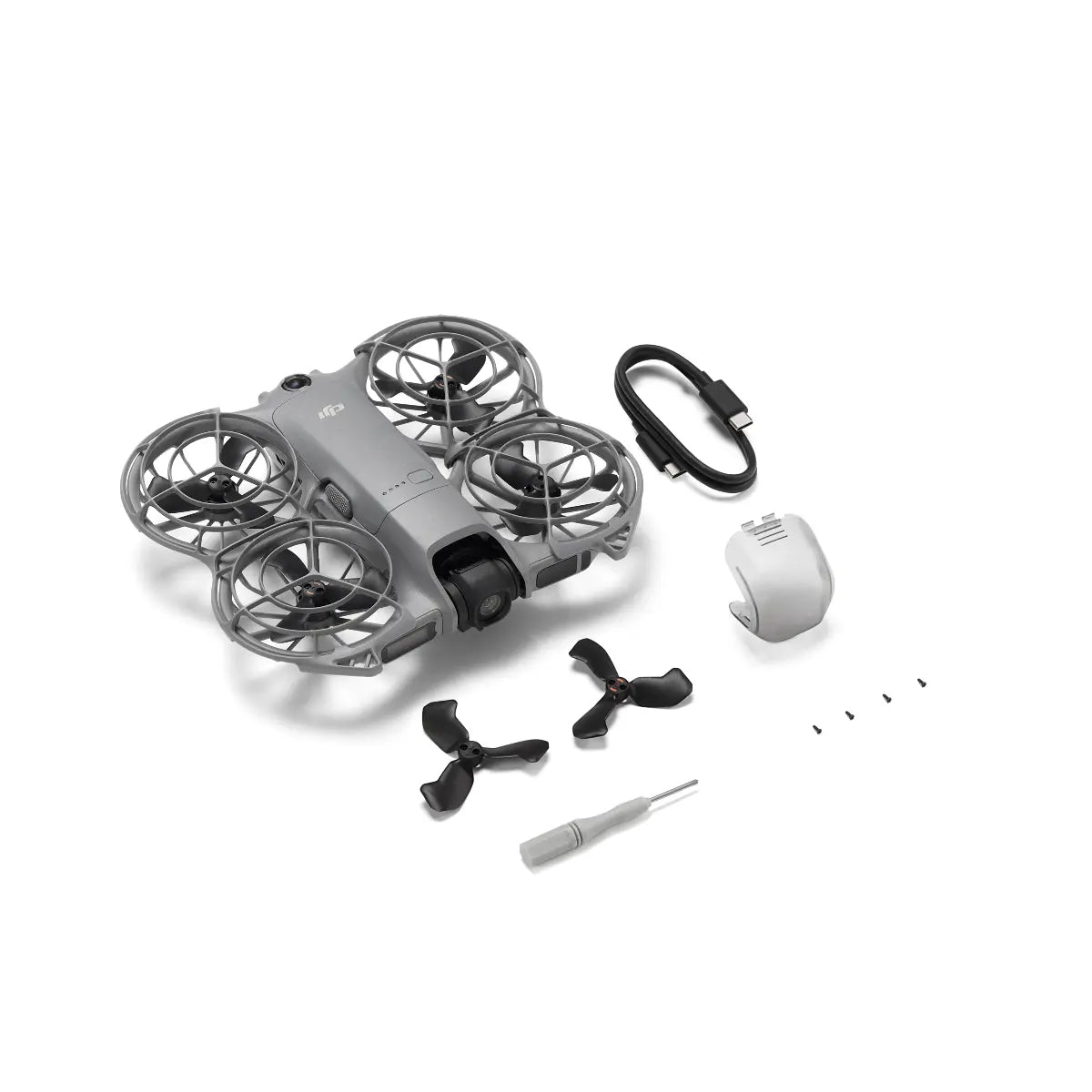 Small drone with propellers and tools on a white background