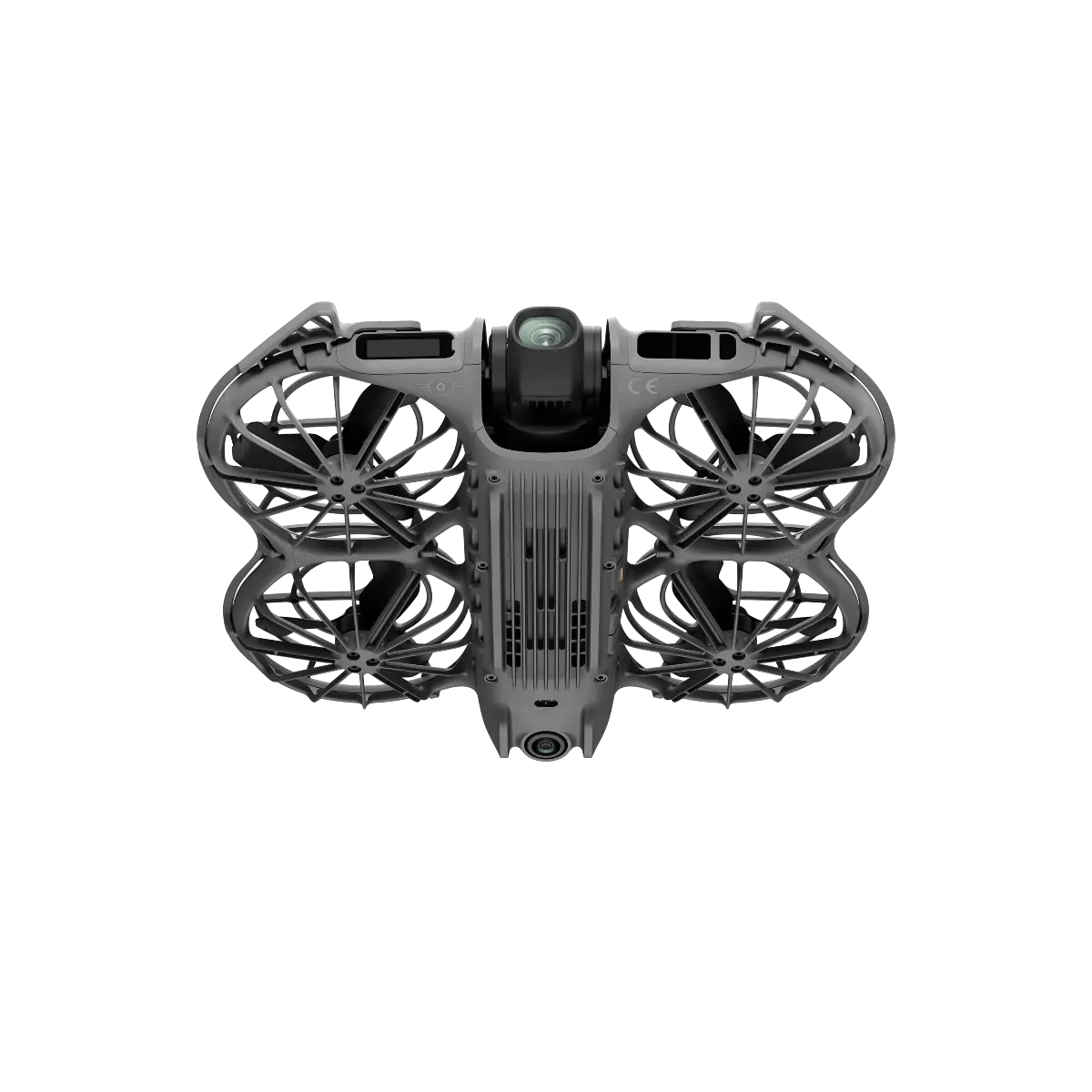Black drone with fan-like structure on a white background