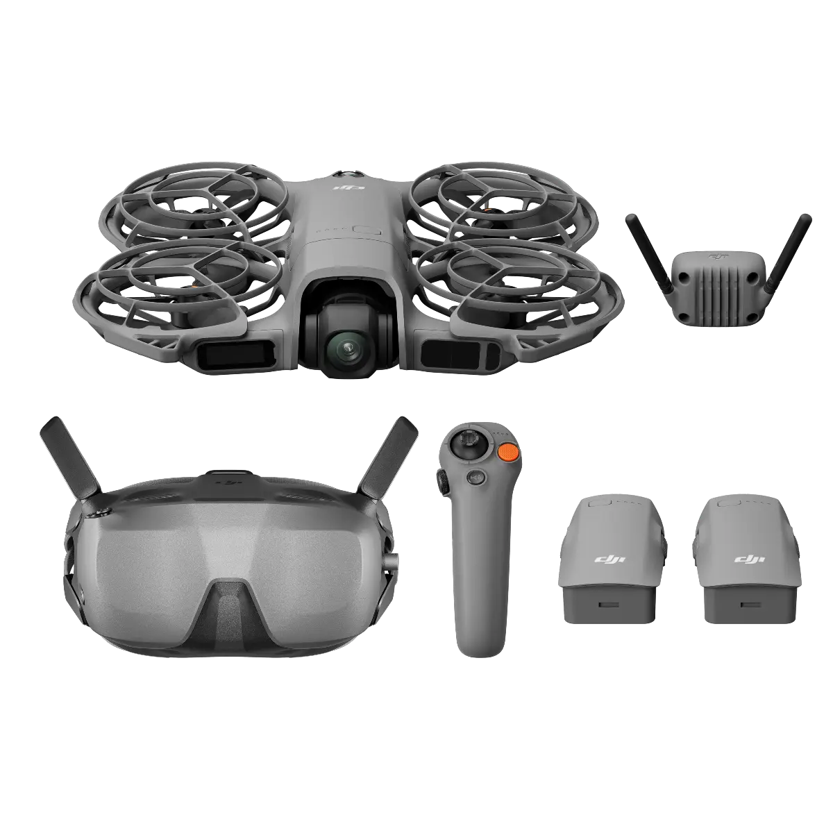 DJI Spark drone kit with goggles, remote control, and accessories on a white background