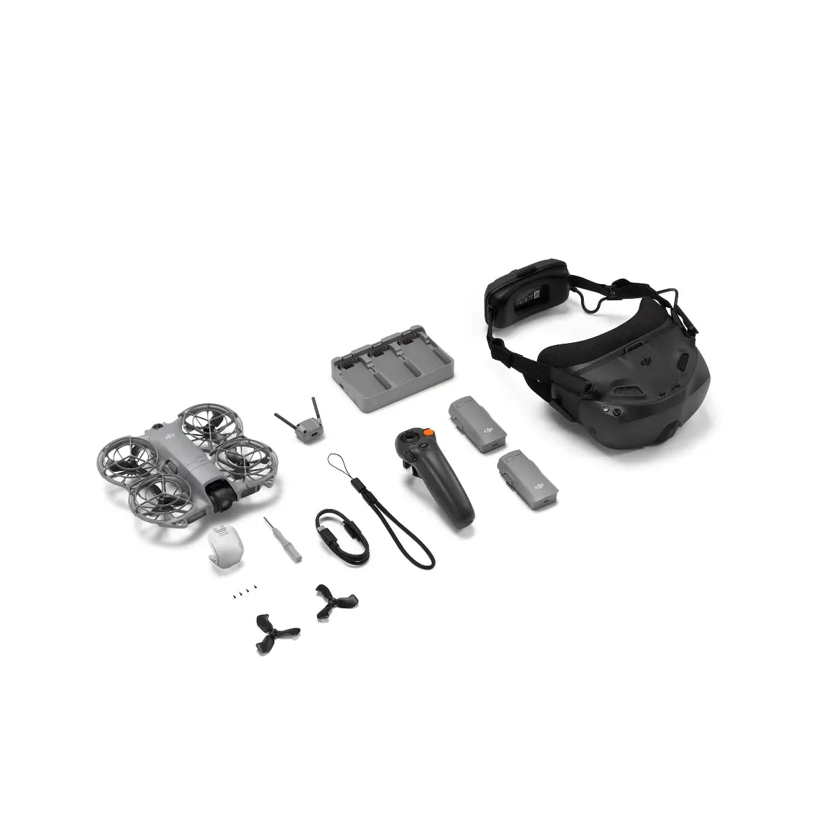 Collection of drone components and accessories on a white background