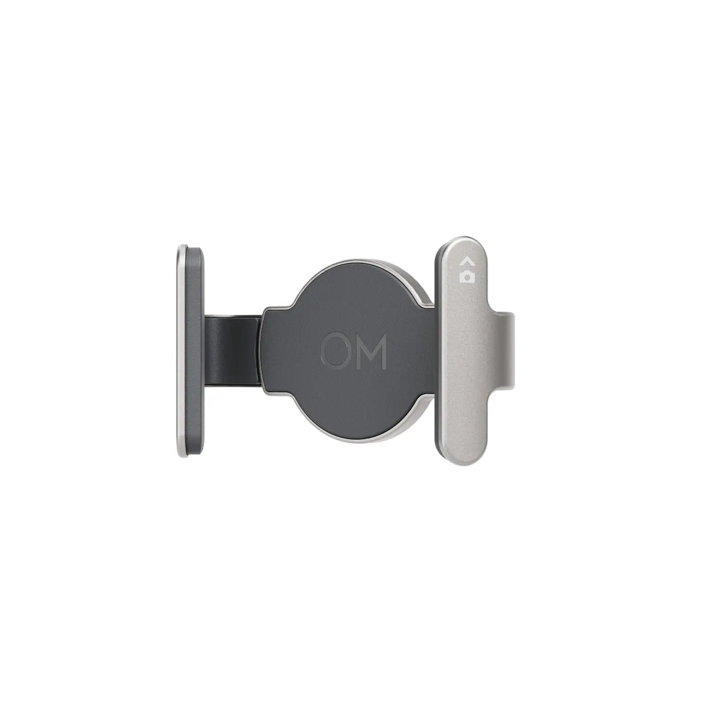 Phone holder with 'OM' branding on a white background