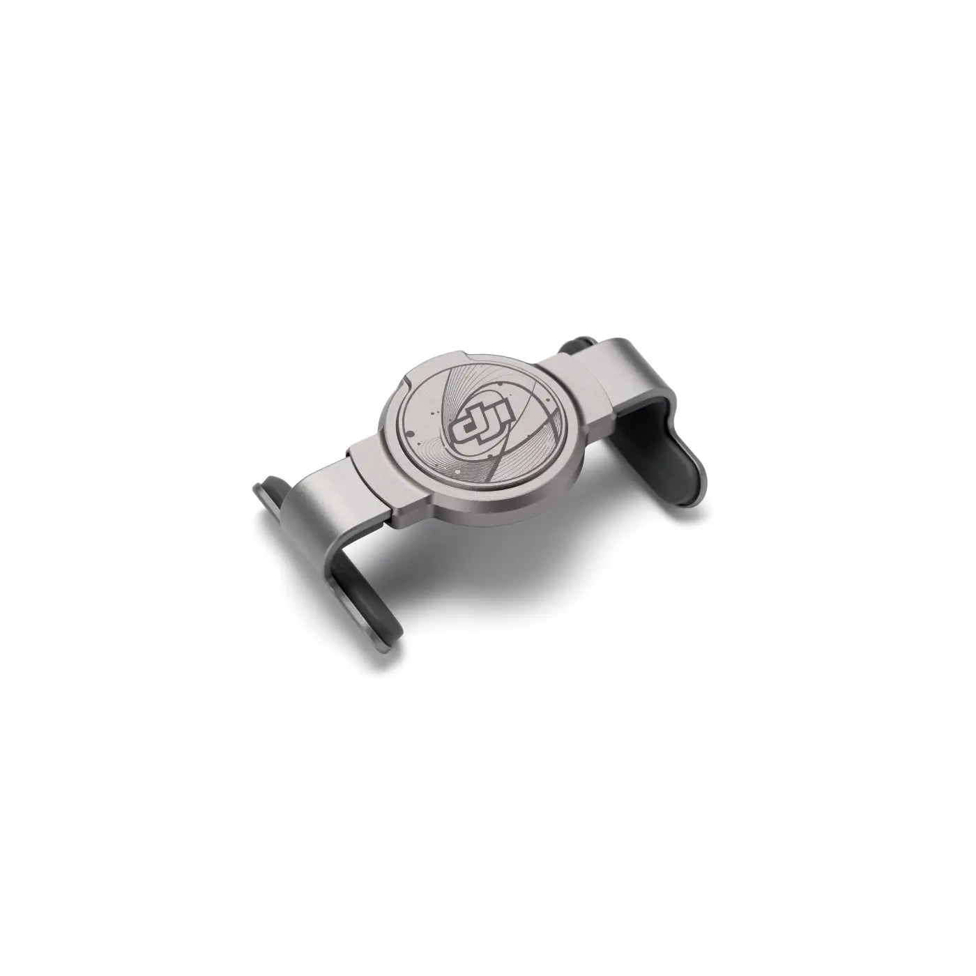 Metallic watch strap with brand logo on a white background