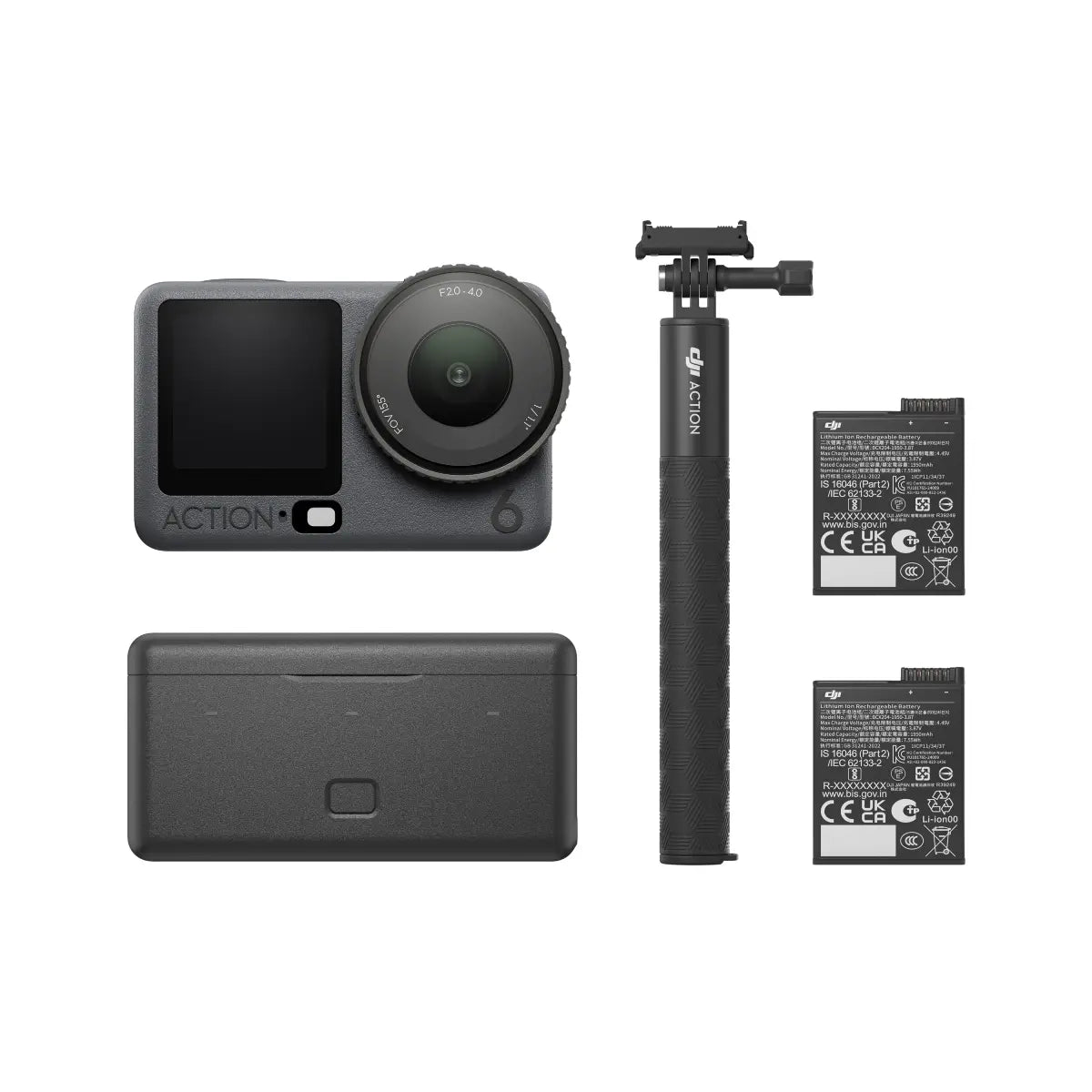 Action camera with accessories including a battery, remote control, and monopod on a white background