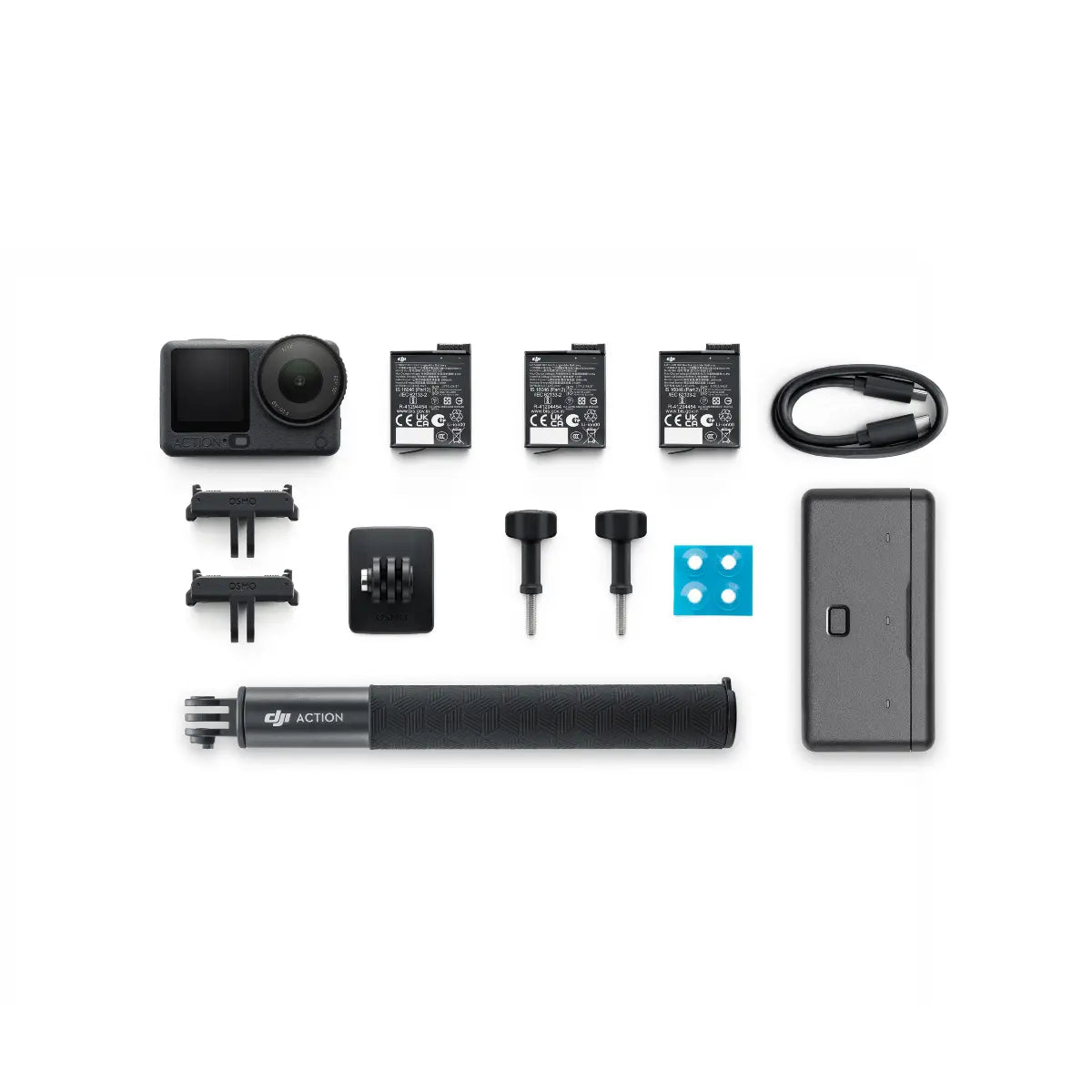 Collection of DJI Action camera accessories on a white background