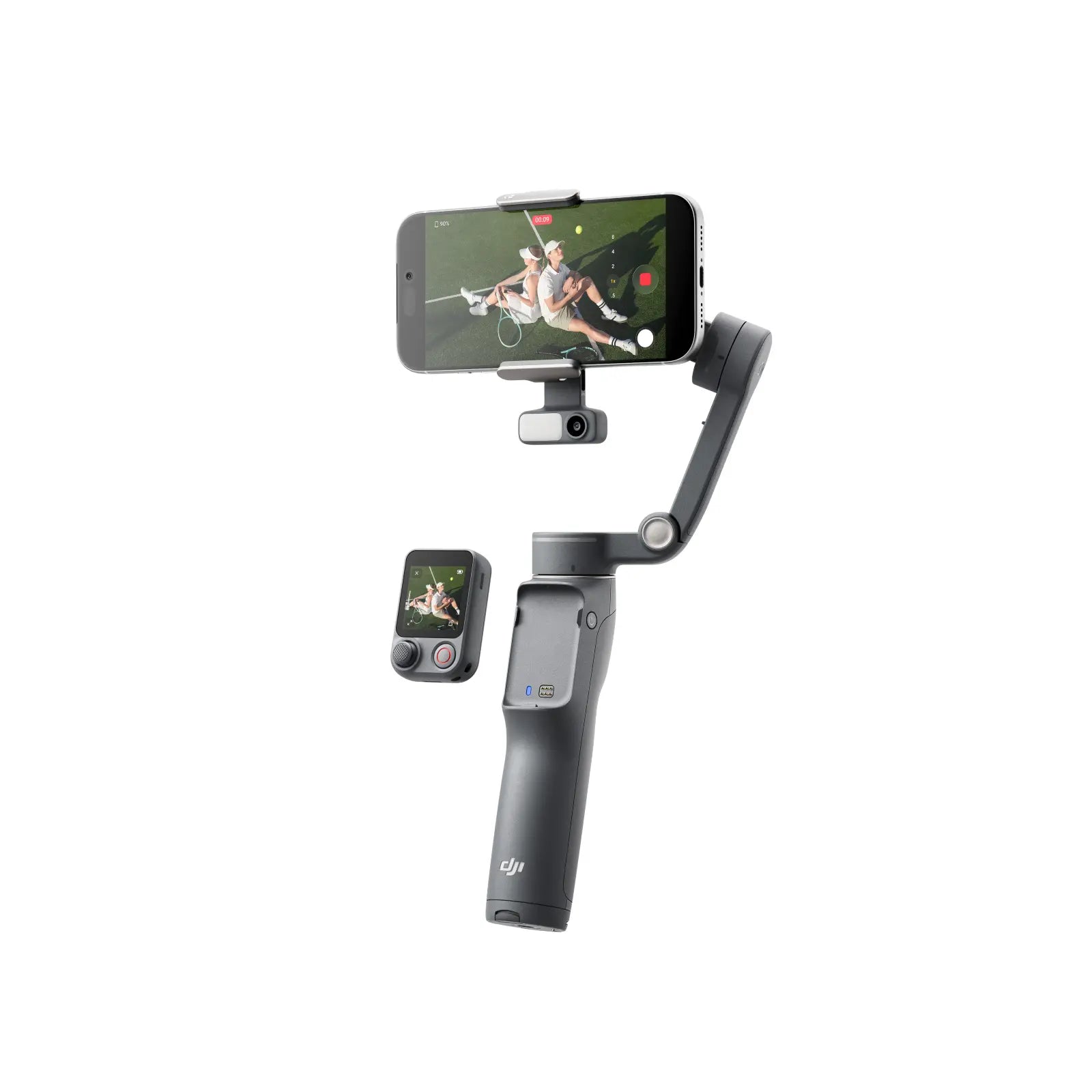 Smartphone mounted on a gimbal with smartphone screen displaying video feed on a white background