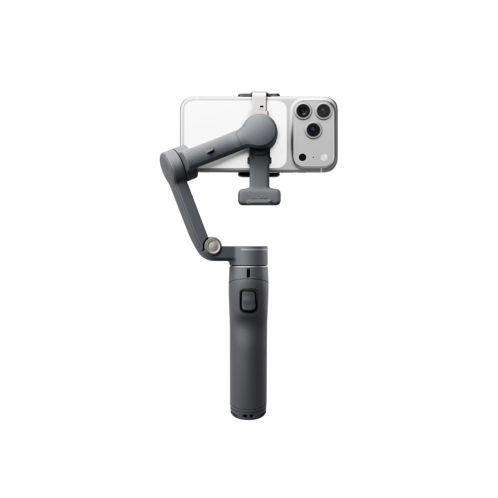 Handheld smartphone gimbal with phone attached on a white background
