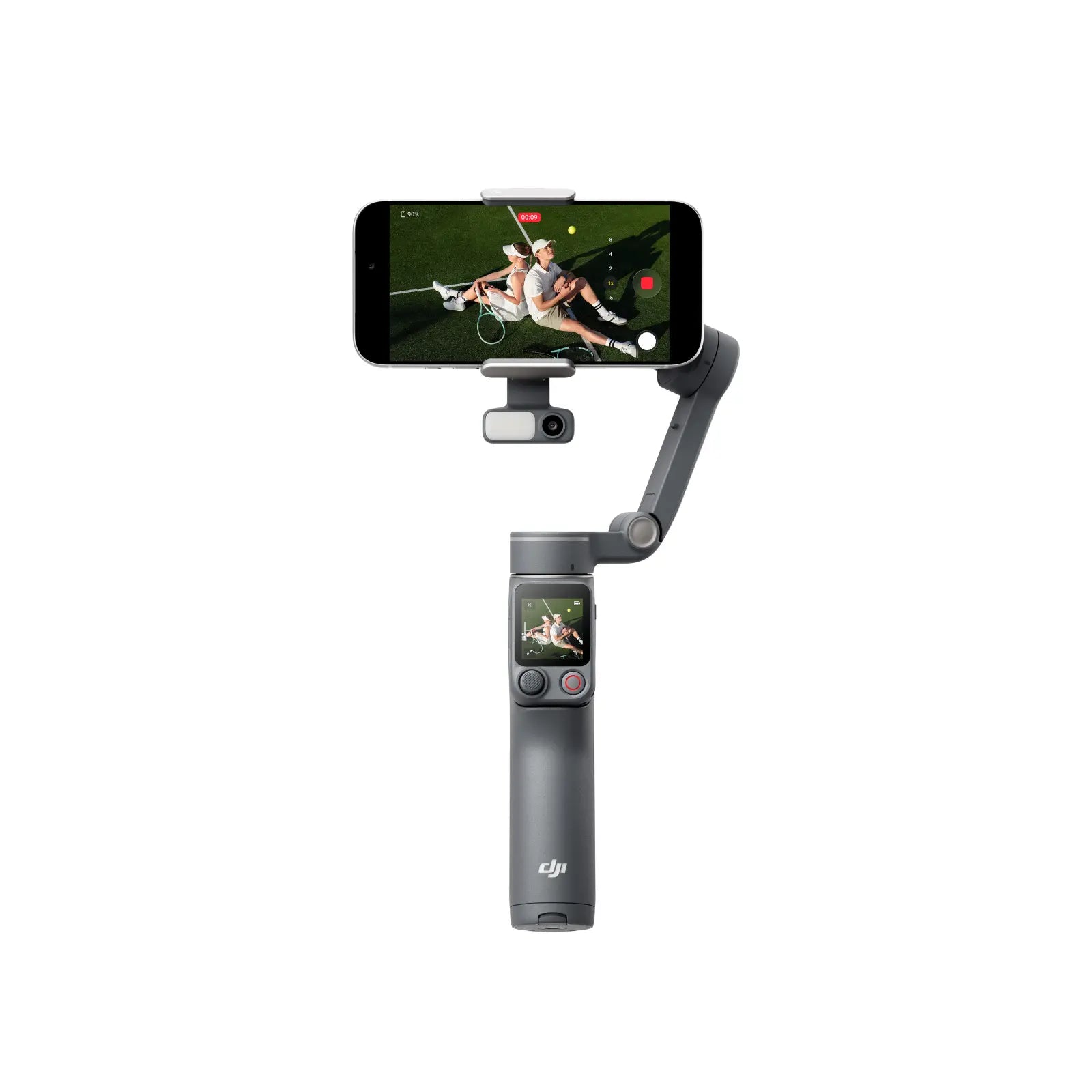 Smartphone mounted on a gimbal with screen displaying video feed on a white background