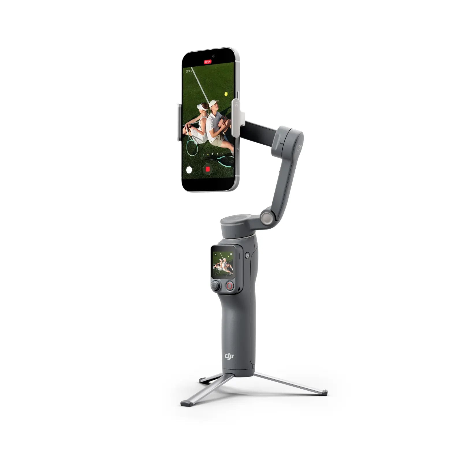 Phone holder with smartphone displaying a video on a white background