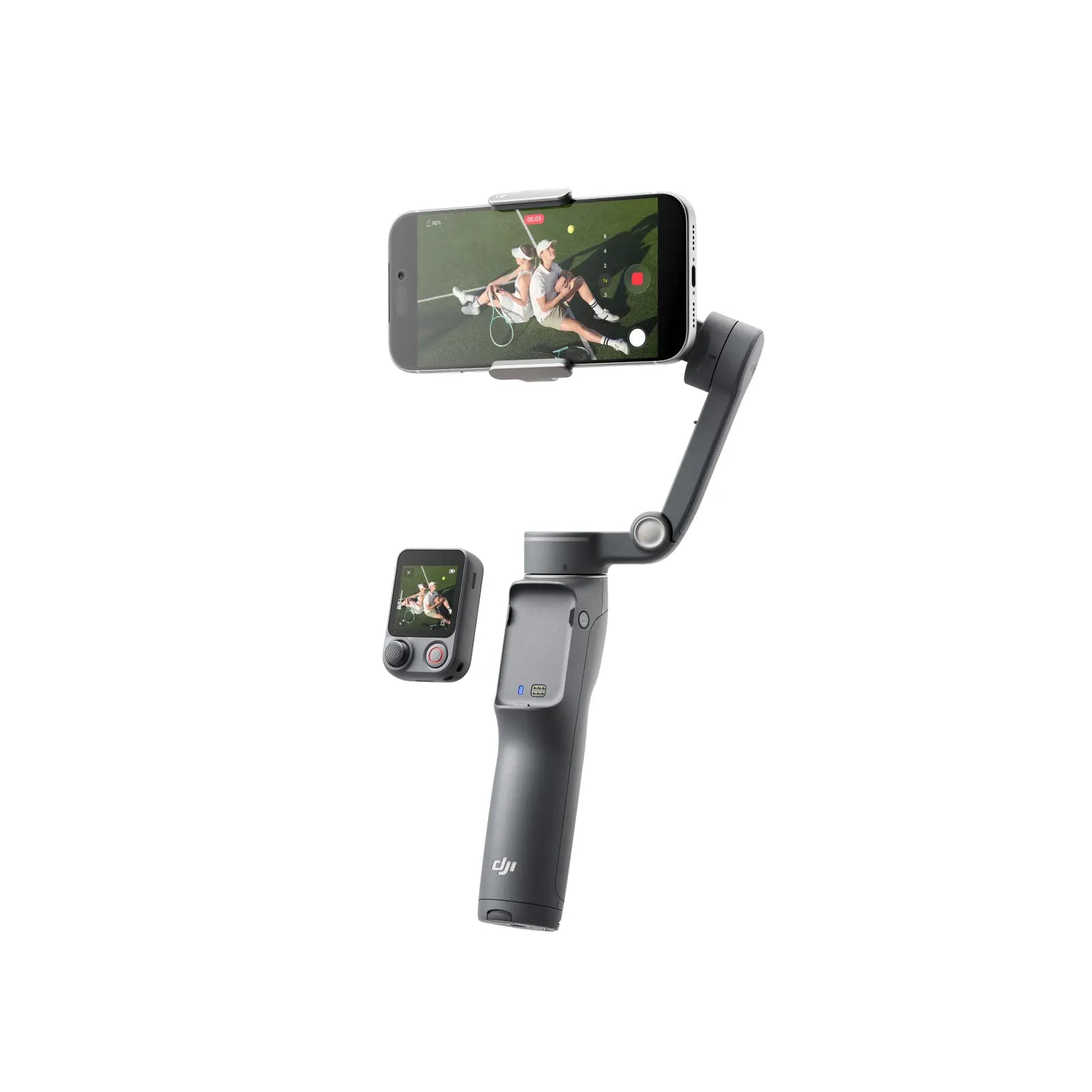 Handheld smartphone stabilizer with phone attached on a white background
