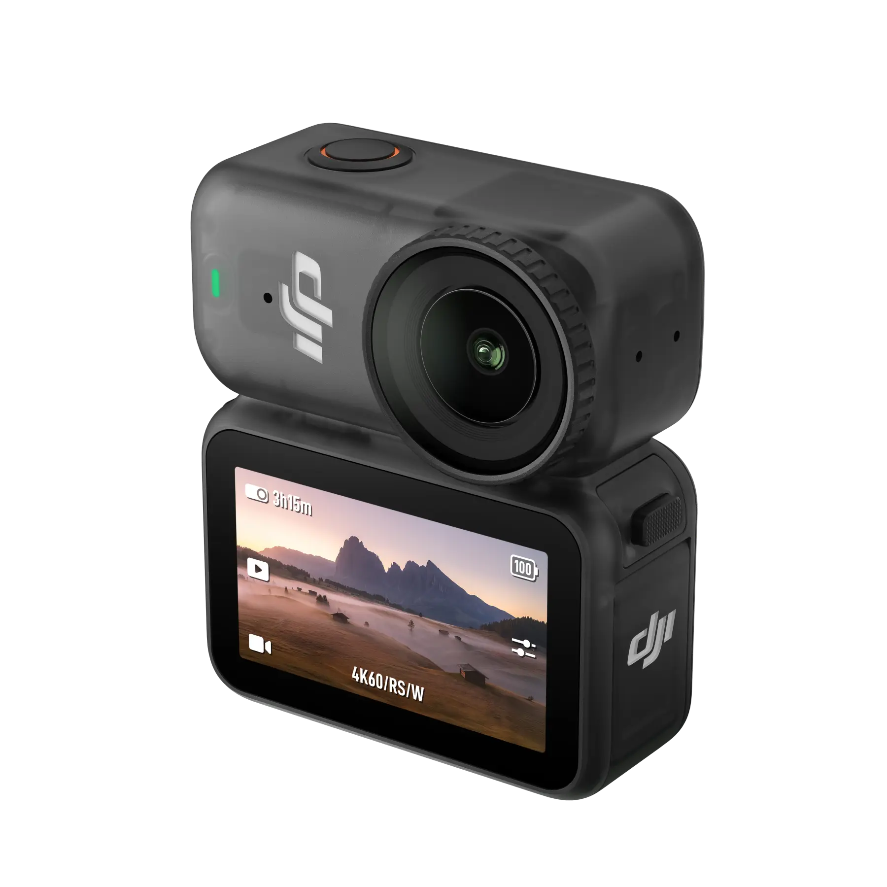 Action camera with screen displaying a mountain landscape on a white background