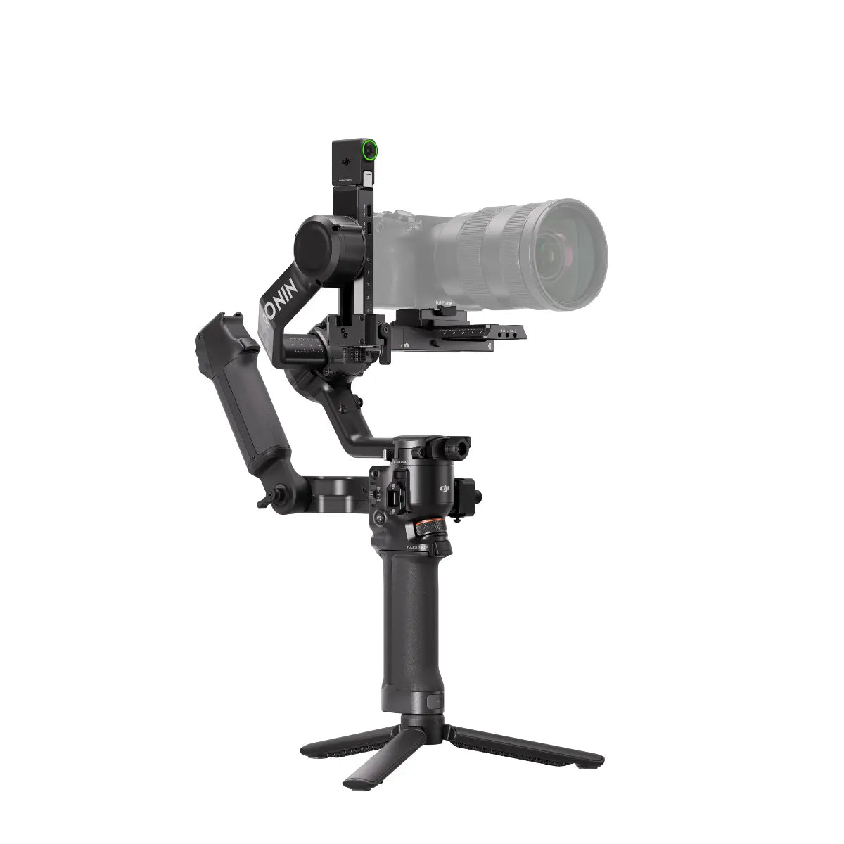 Camera stabilizer with a camera attached on a white background