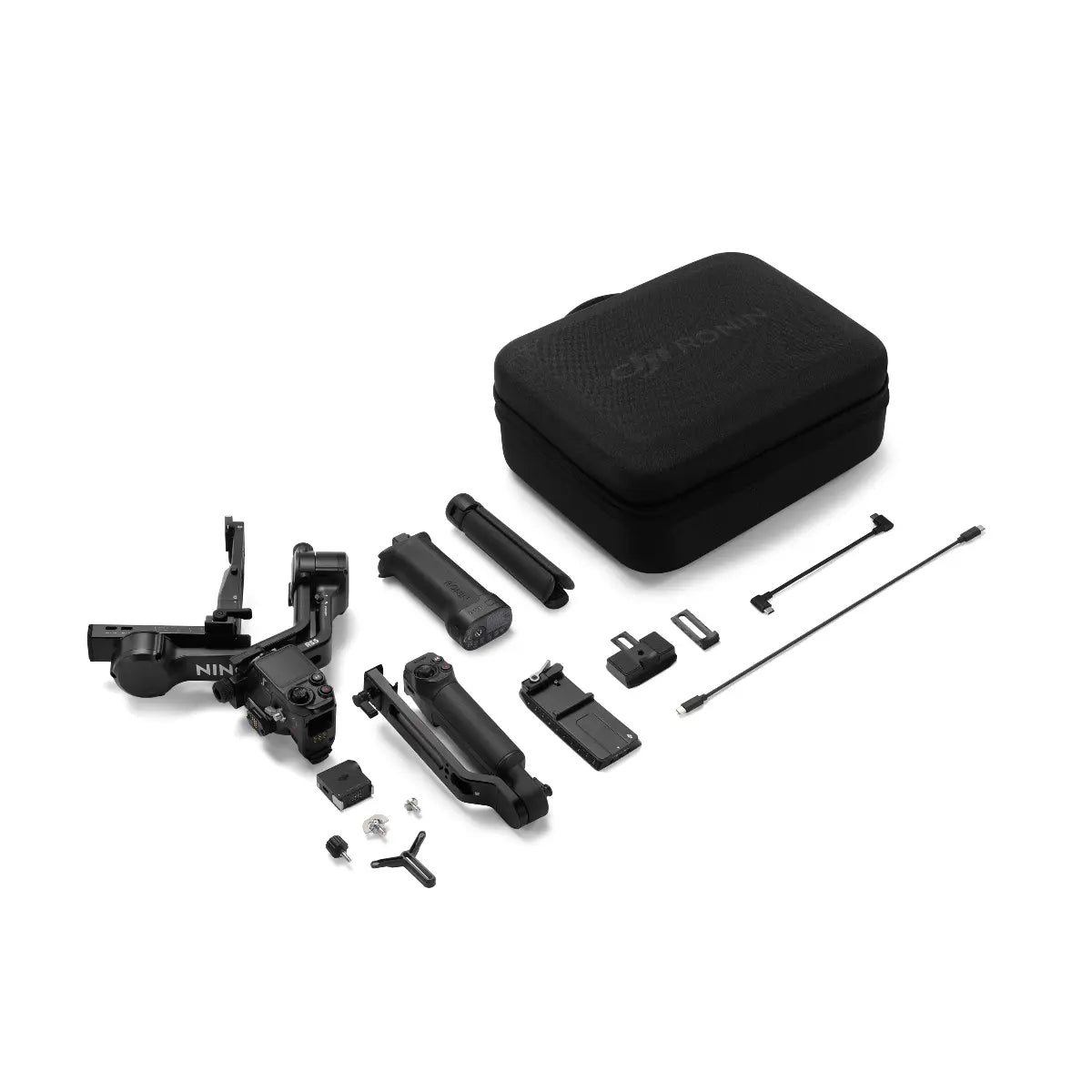 Black DJI Ronin stabilization kit with various components on a white background