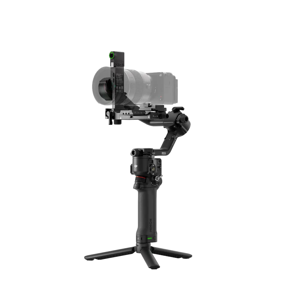 Camera stabilizer with a camera attached on a white background