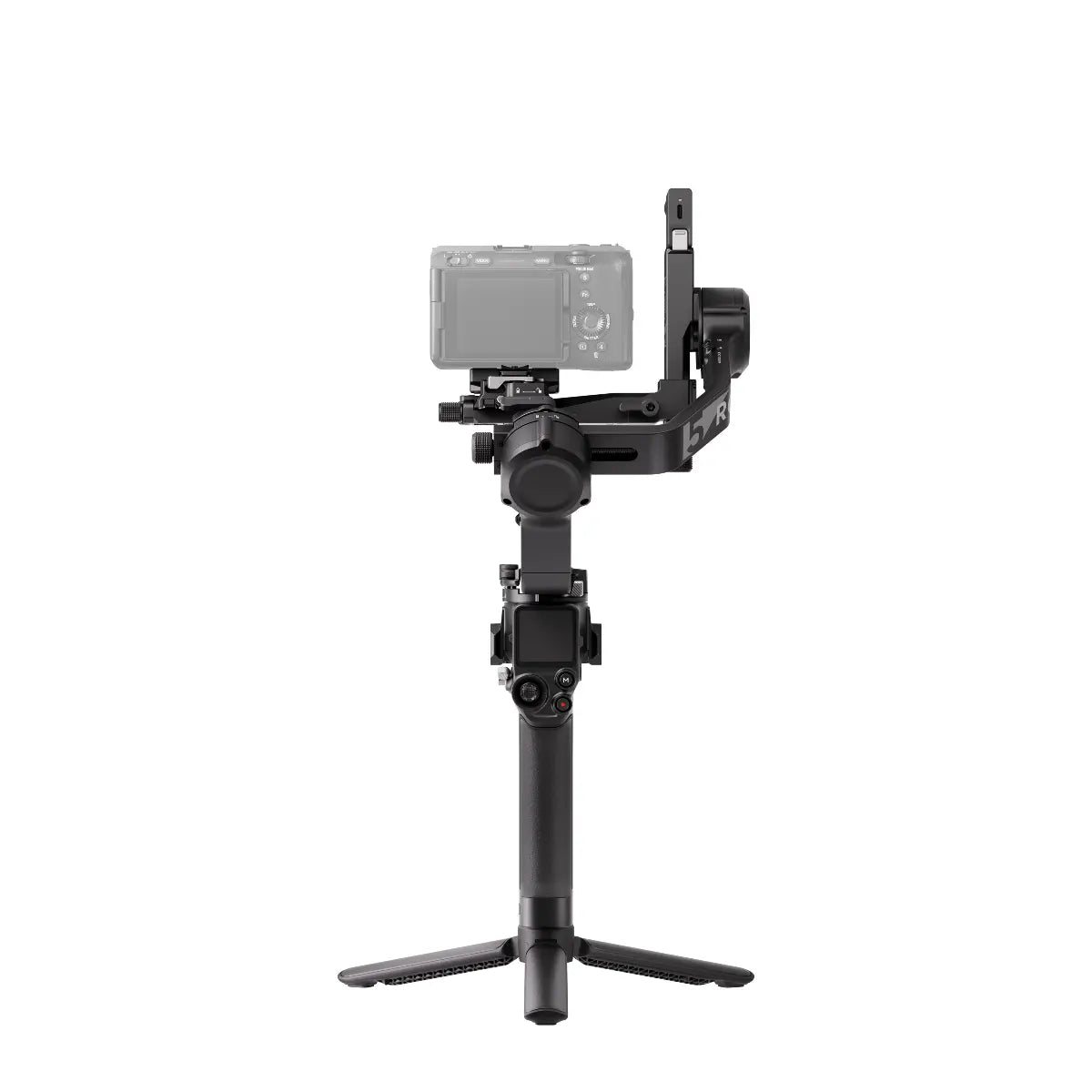 Black camera stabilizer with a smartphone mount on a white background