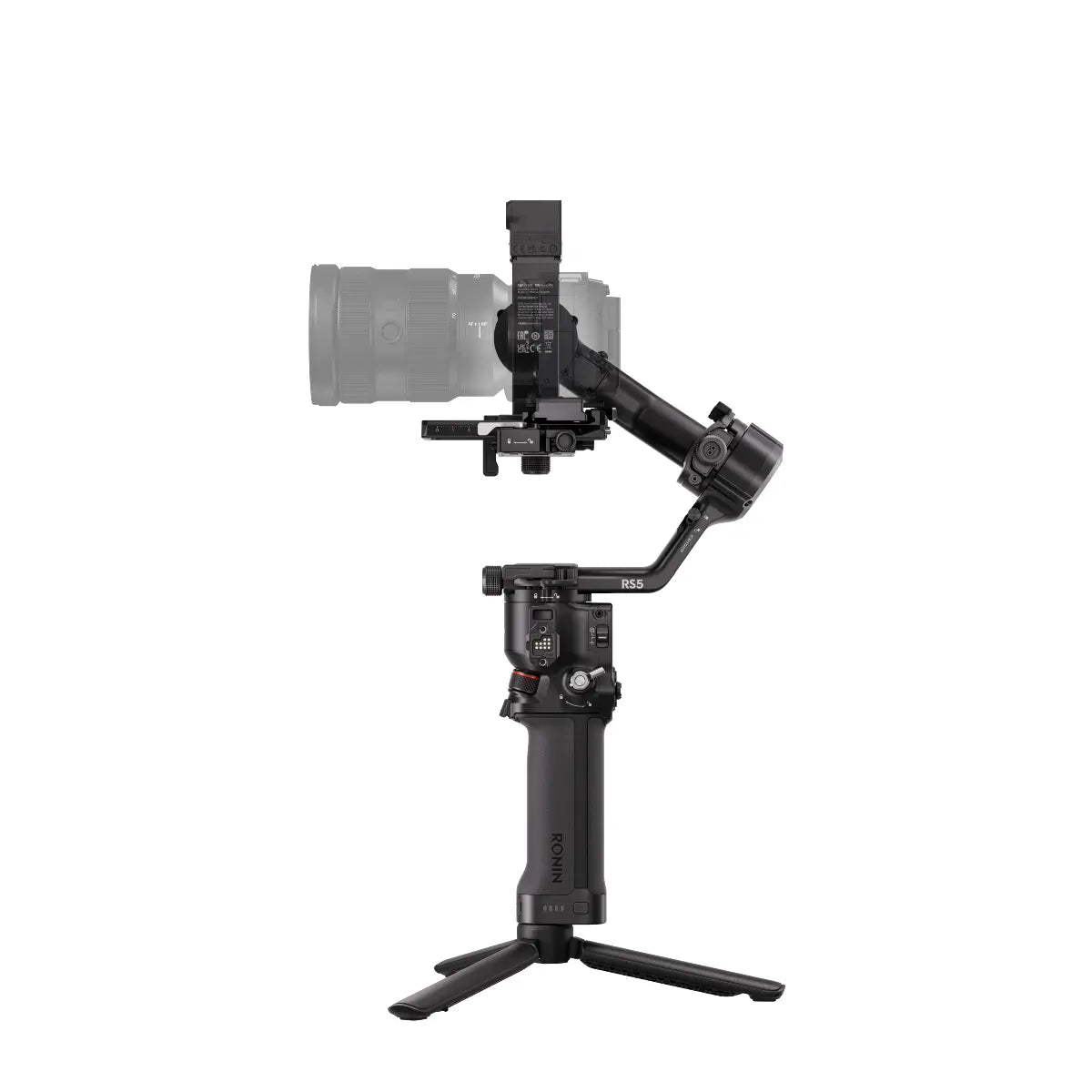 Camera stabilizer with camera attached on a white background