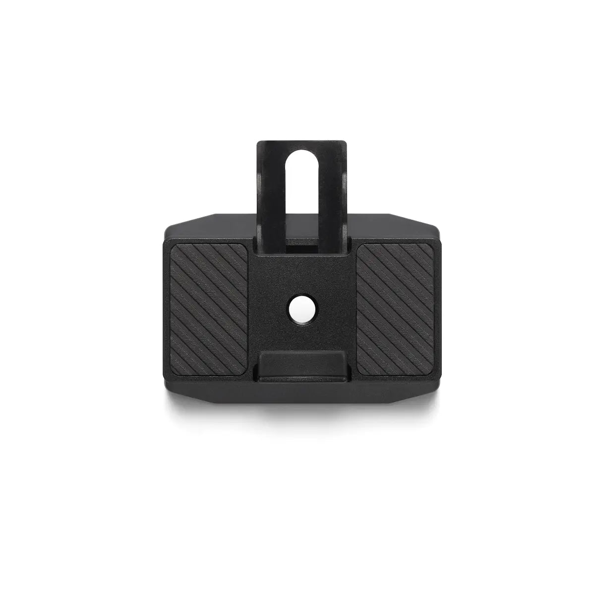 Black camera lens cap on a white background