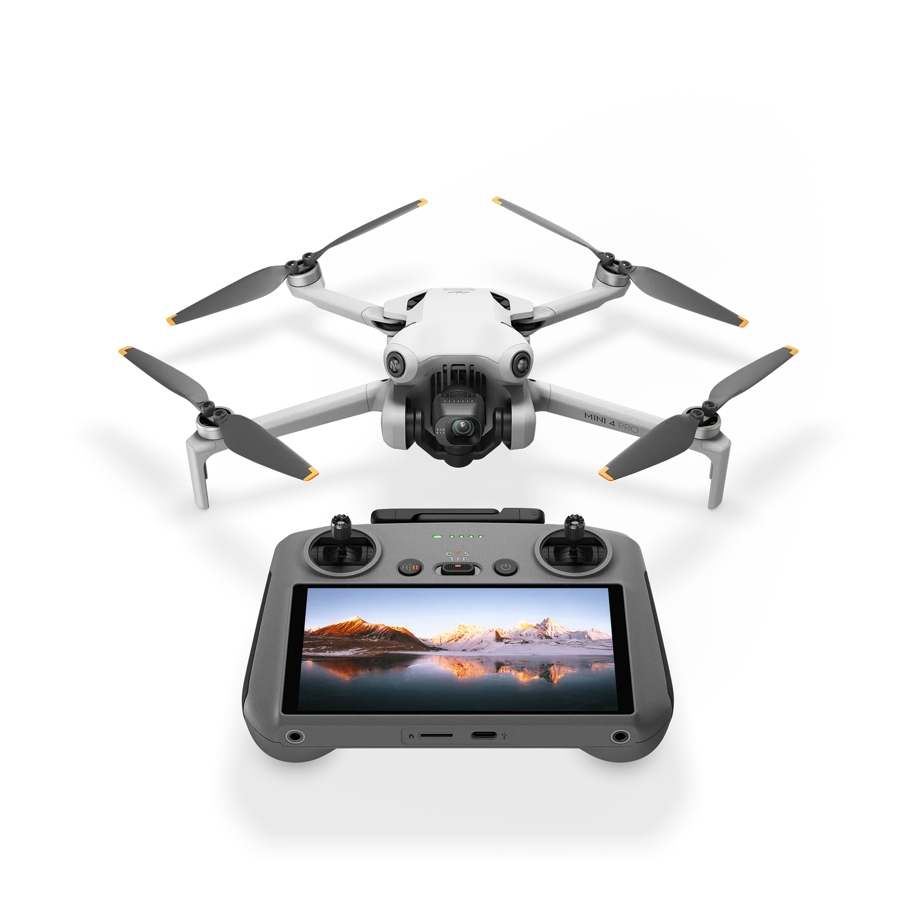 DJI Mini Pro with Remote - Product photo with the drone and remote control head on