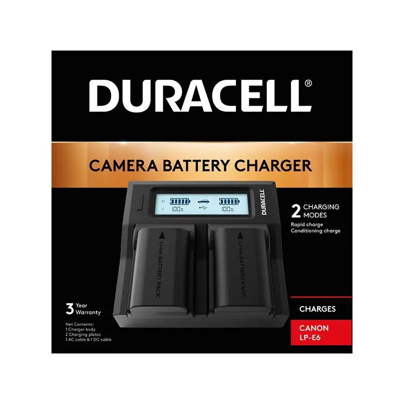 Duracell camera battery charger packaging with digital display on a white background