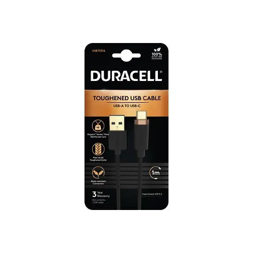 Duracell USB-A - USB-C 3.2 Gen1 Braided 1m front angle in packaging