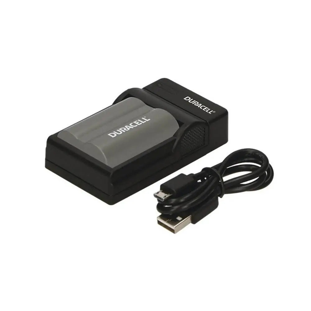 Duracell USB Charger Nikon ENEL3 top angle with cable and battery on charger