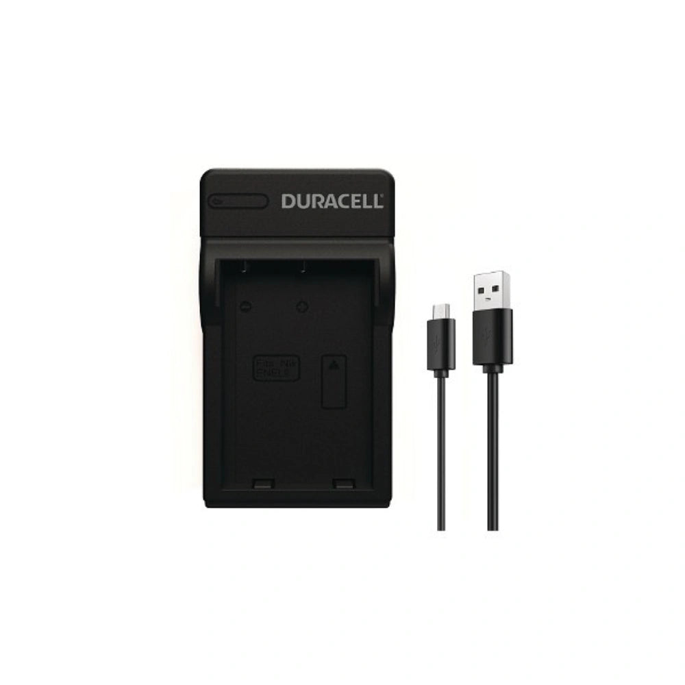 A black Duracell dual battery charger with a matching USB-C to USB-A charging cable, shown on a plain white background.