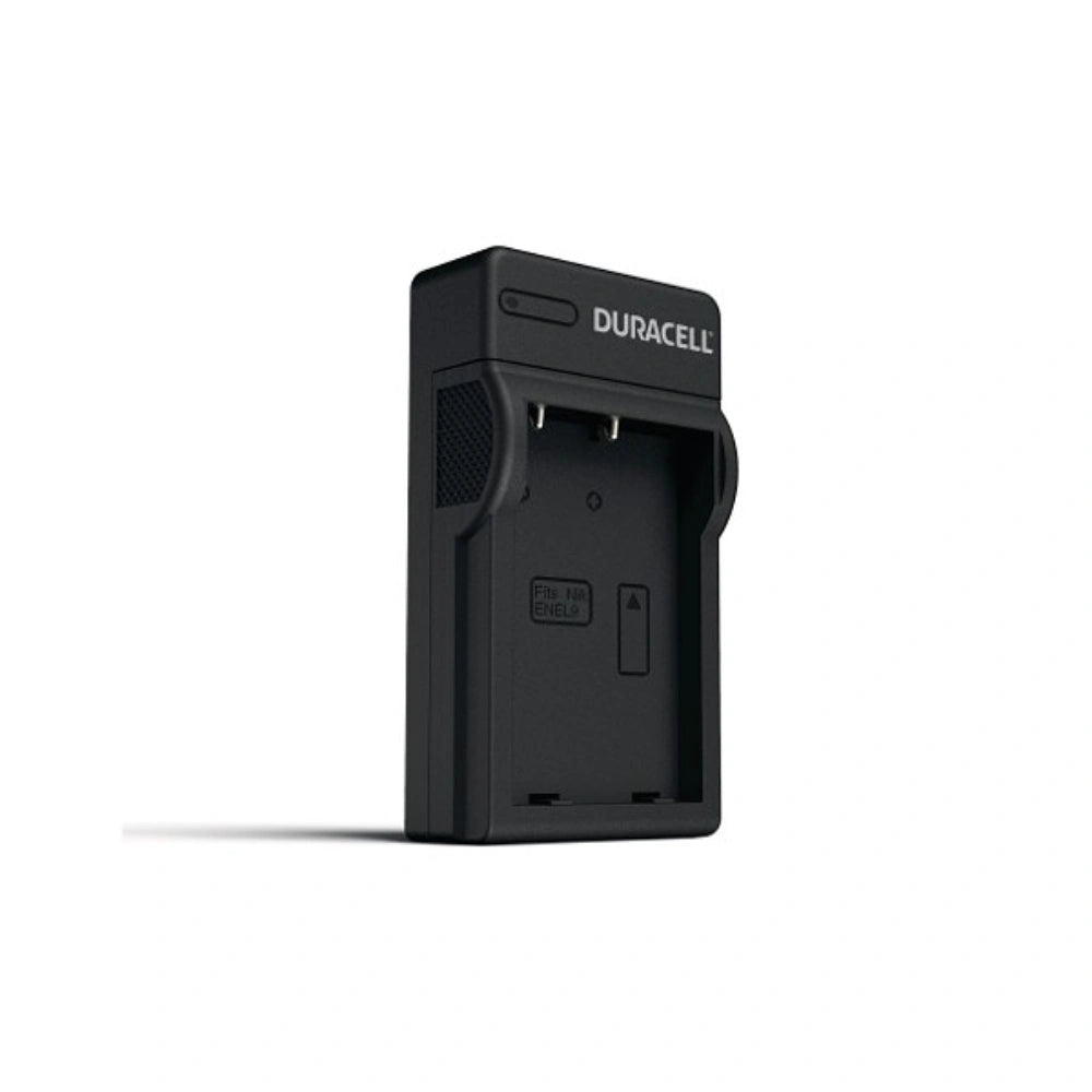 A black Duracell battery charger device shown from a three-quarter angle on a clean white background.